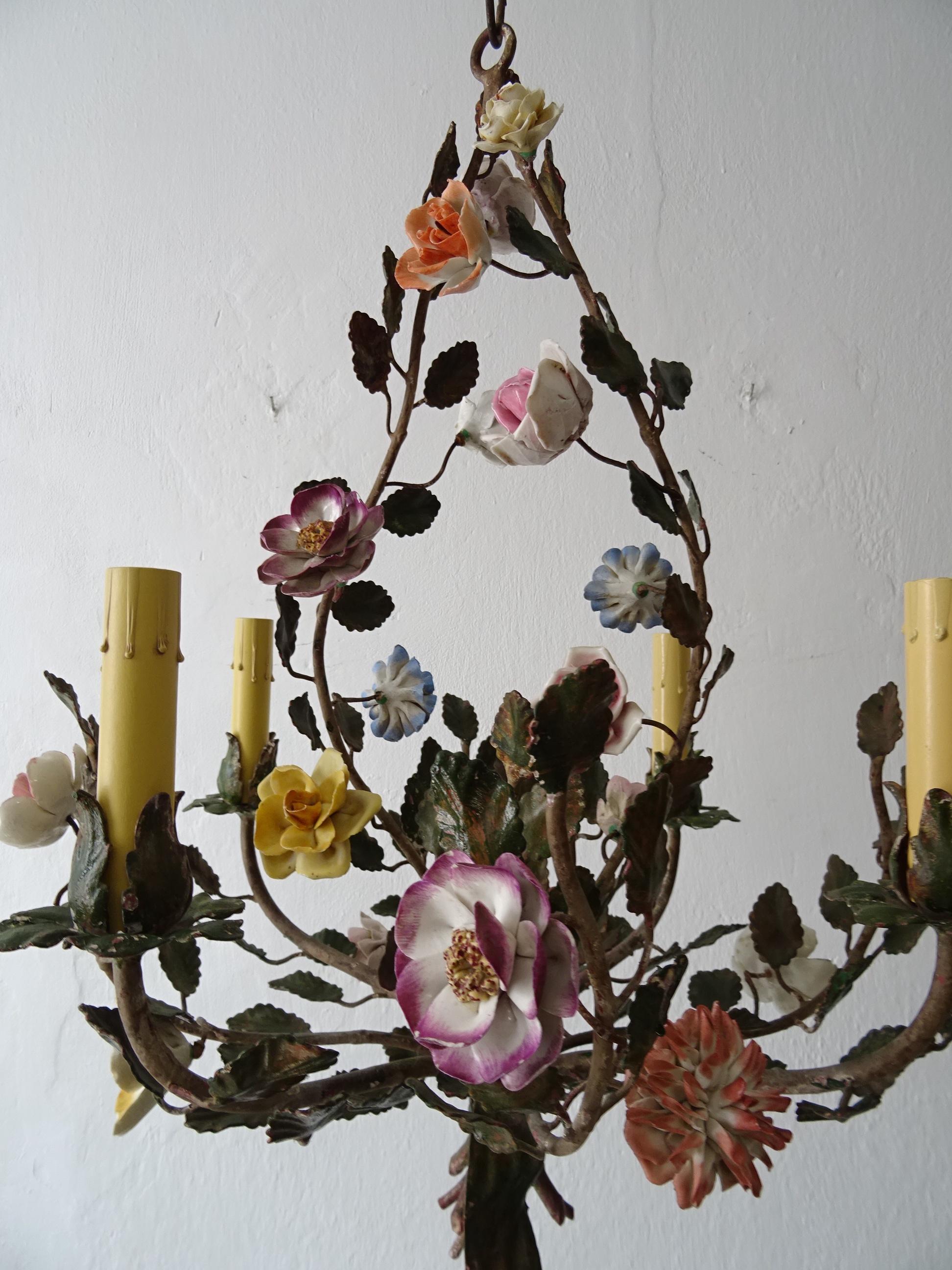 French Tole Pastel Porcelain Flowers Chandelier Green Bow, Circa 1920 4