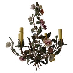 French Tole Pastel Porcelain Flowers Chandelier Green Bow, Circa 1920