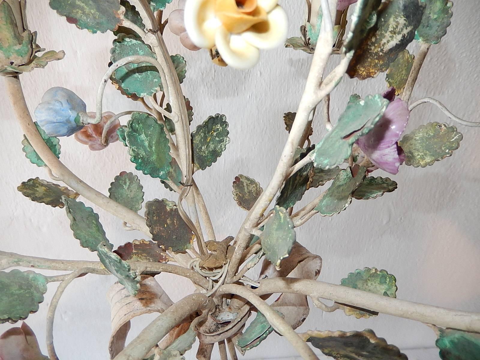 French Tole Pastel Porcelain Flowers Chandelier with Bow 6