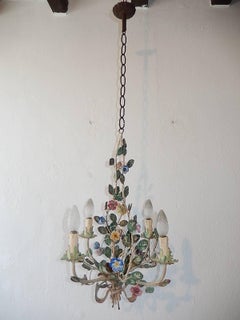 French Tole Pastel Porcelain Flowers Chandelier with Bow