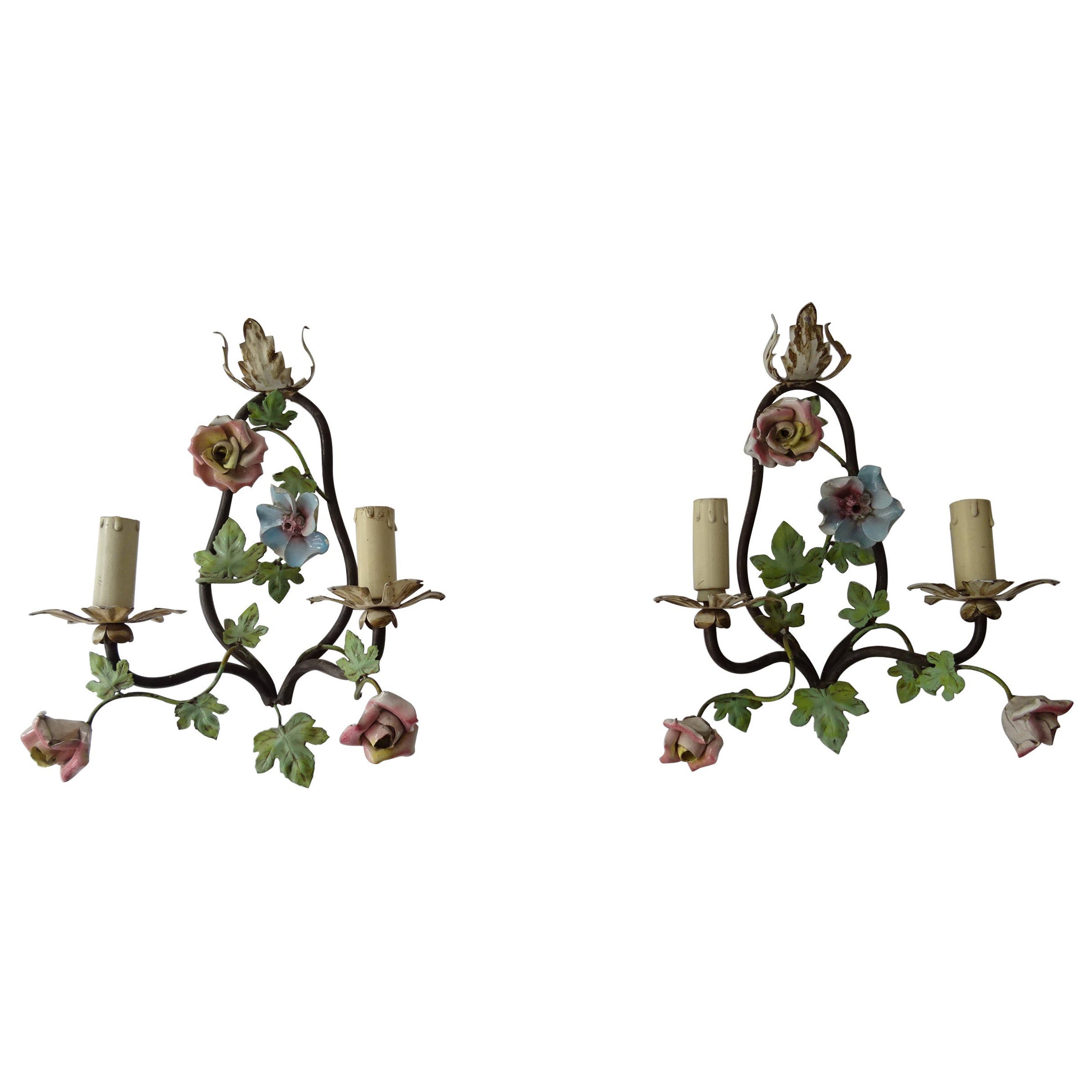 Apliques de porcelana tole francesa Flores Hojas de parra, circa 1920