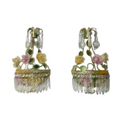 Antique French Tole Porcelain Roses and Crystal Sconces, circa 1920