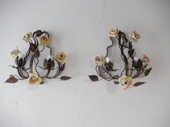 Appliques en porcelaine française Tole Roses et cristal:: circa 1920