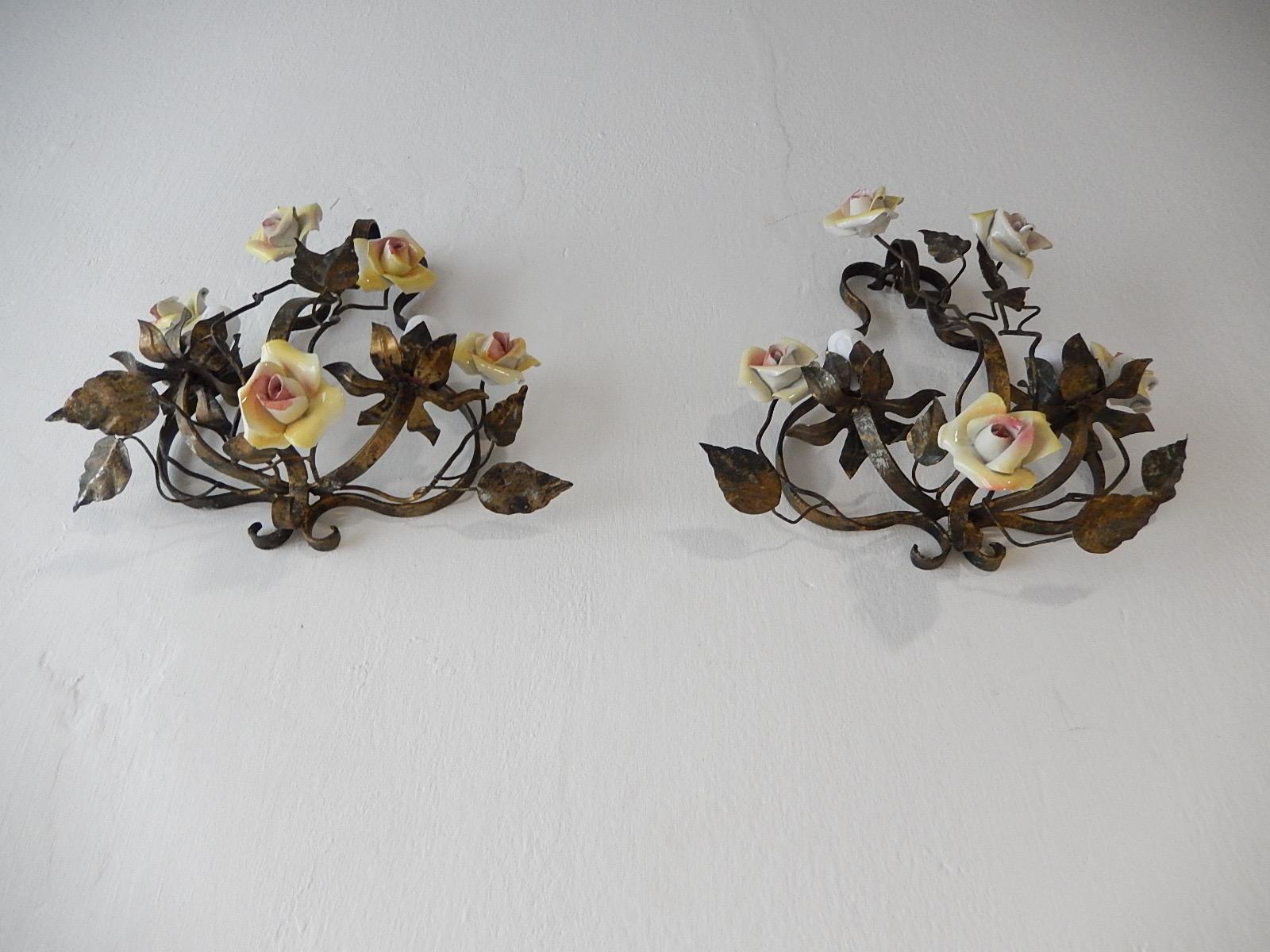 Early 20th Century French Tole Porcelain Roses and Crystal Sconces, circa 1920 For Sale