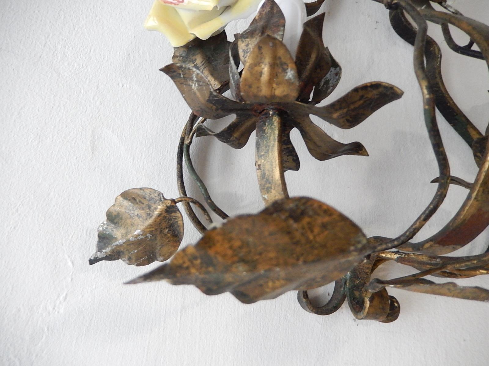 French Tole Porcelain Roses and Crystal Sconces, circa 1920 For Sale 5