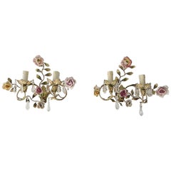 Antique French Tole Porcelain Roses and Crystal Sconces, circa 1920