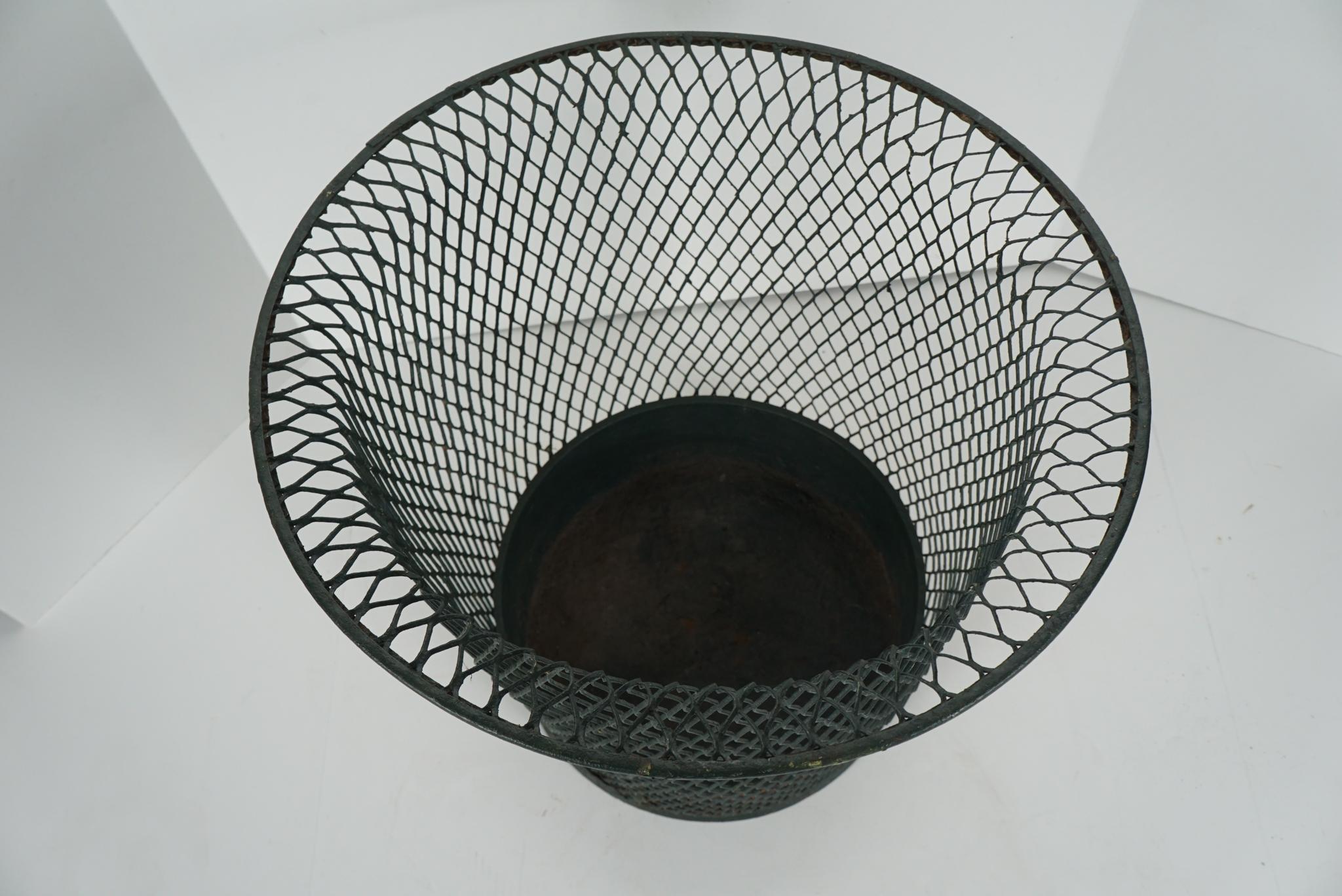 Steel French Tole Split Wire Early 20th Century Trash Can with Liner For Sale