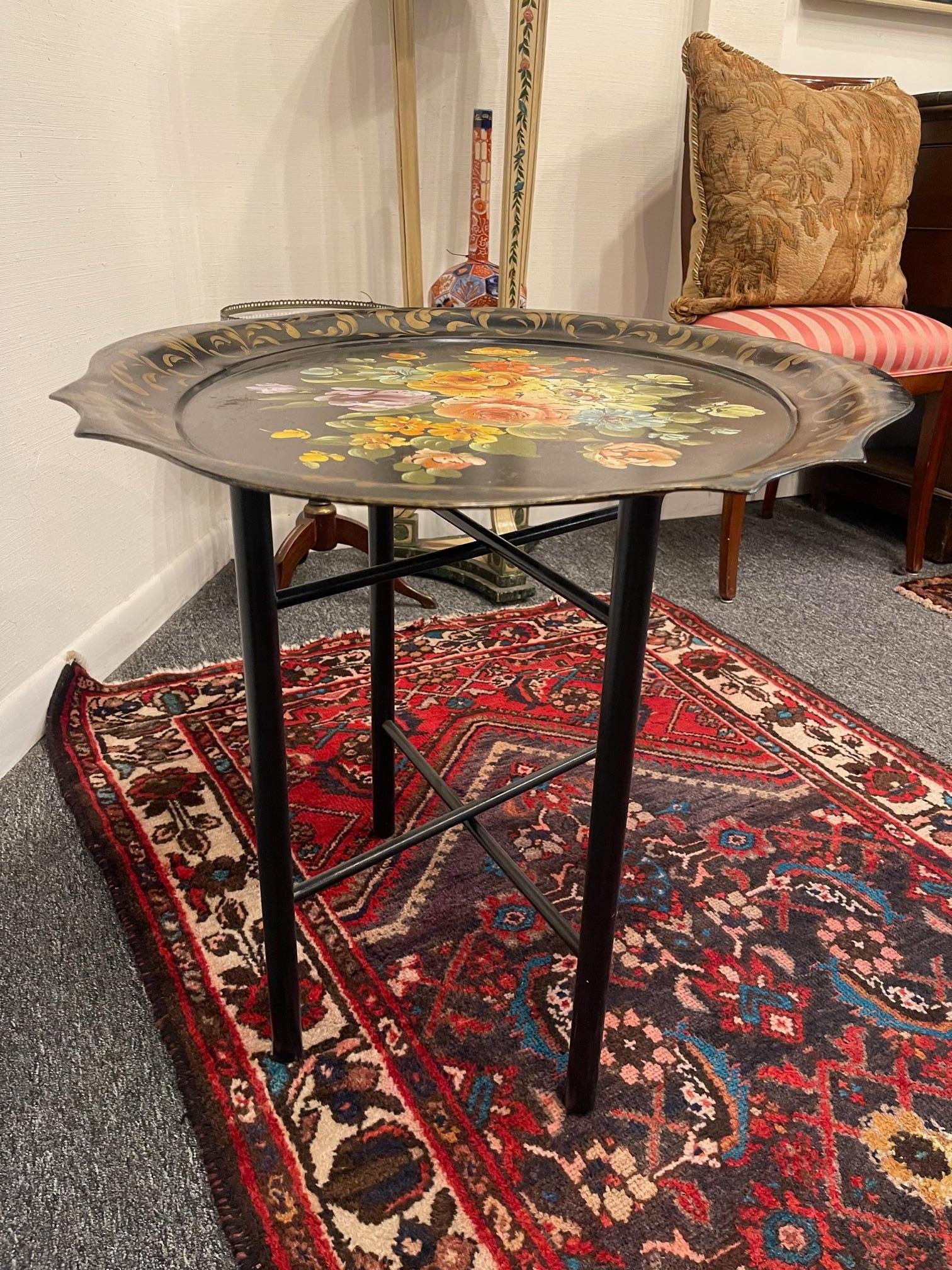 Metal French Tole Tray Table with Flower Design, 19th Century For Sale