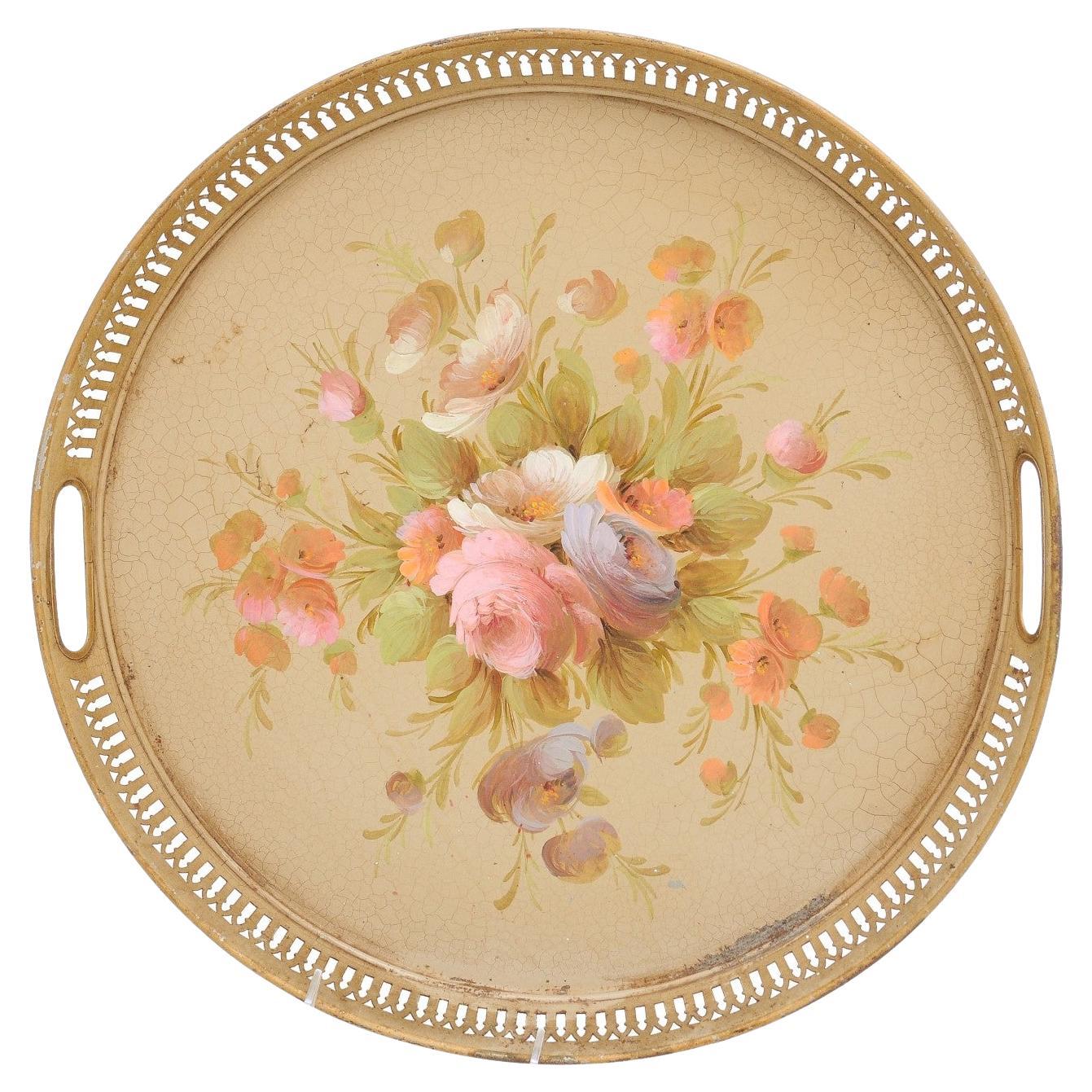French, Tôle Tray with Hand-Painted Bouquet of Roses and Pierced Gallery For Sale