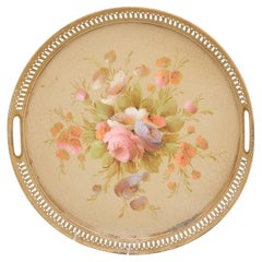Retro French, Tôle Tray with Hand-Painted Bouquet of Roses and Pierced Gallery