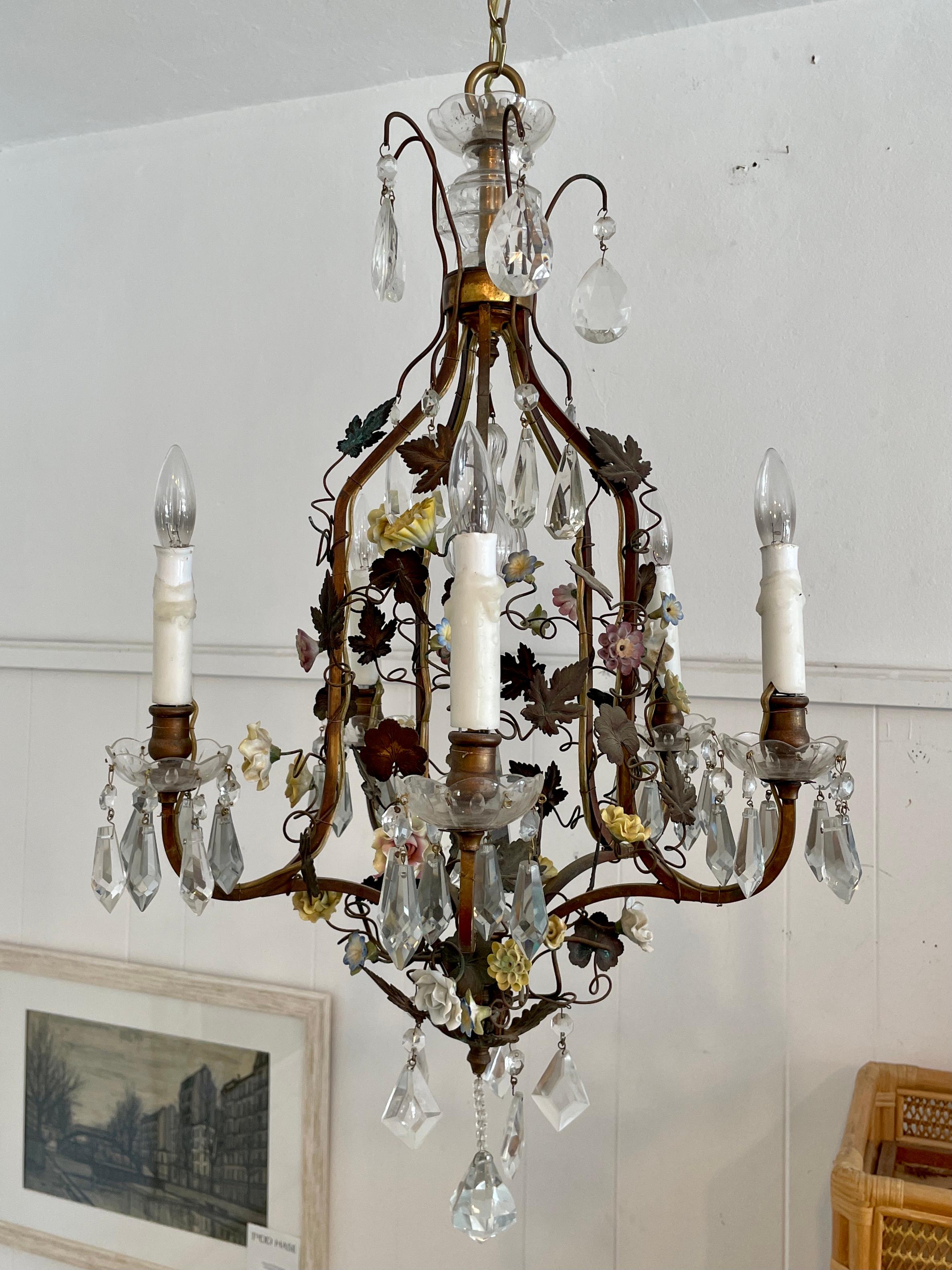 French Provincial French Tole with Porcelain Flower Details Chandelier For Sale
