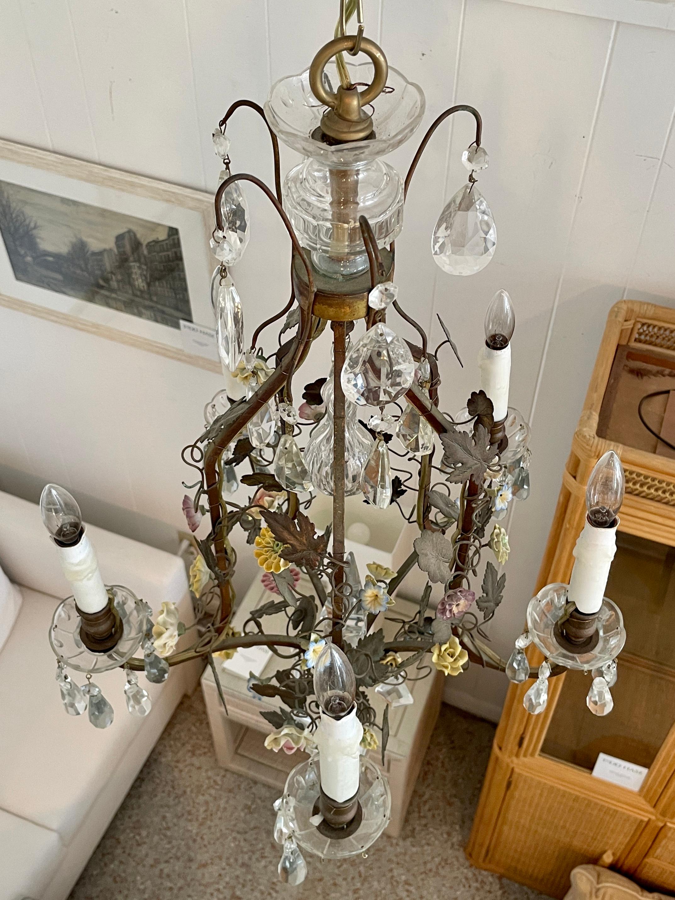 Mid-20th Century French Tole with Porcelain Flower Details Chandelier For Sale