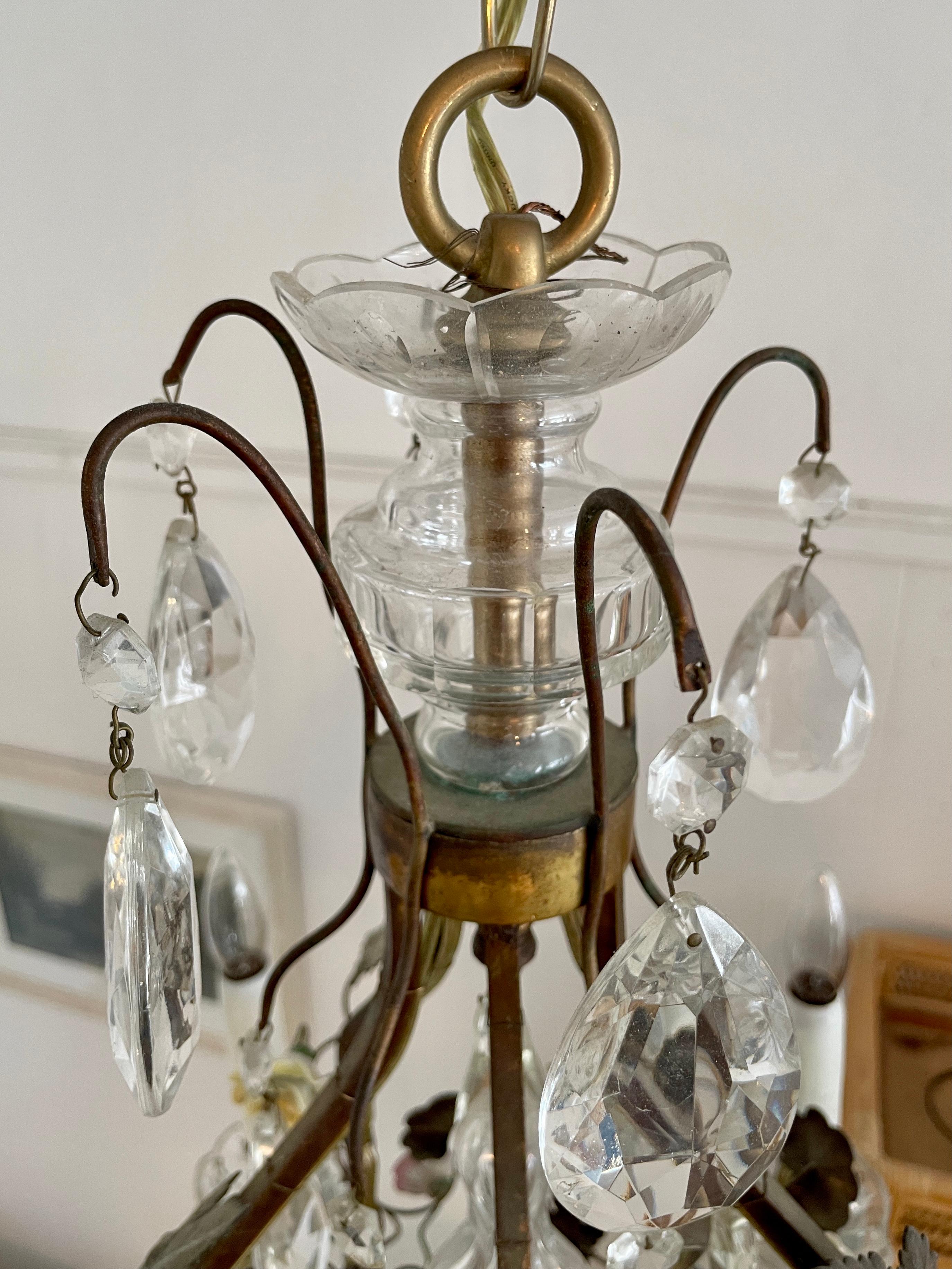 Metal French Tole with Porcelain Flower Details Chandelier For Sale