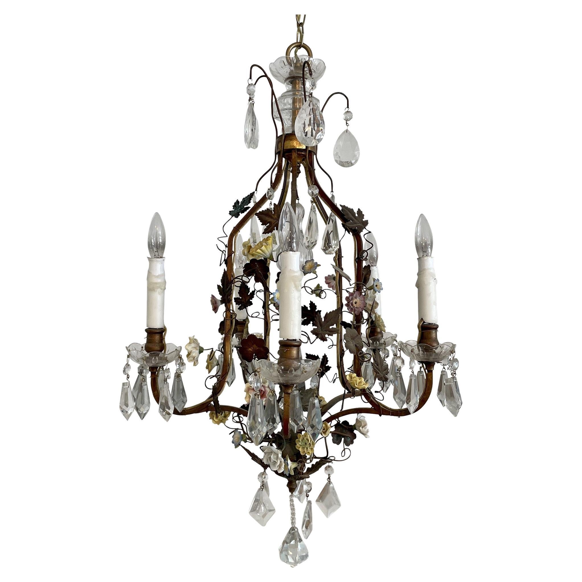 French Tole with Porcelain Flower Details Chandelier
