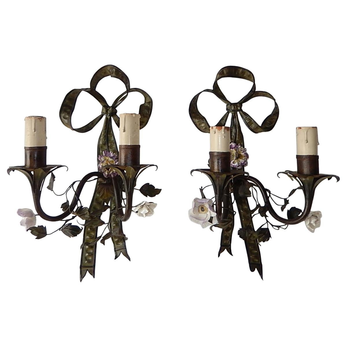 French Tole with Porcelain Flowers Bows Sconces, circa 1870