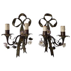 French Tole with Porcelain Flowers Bows Sconces, circa 1870