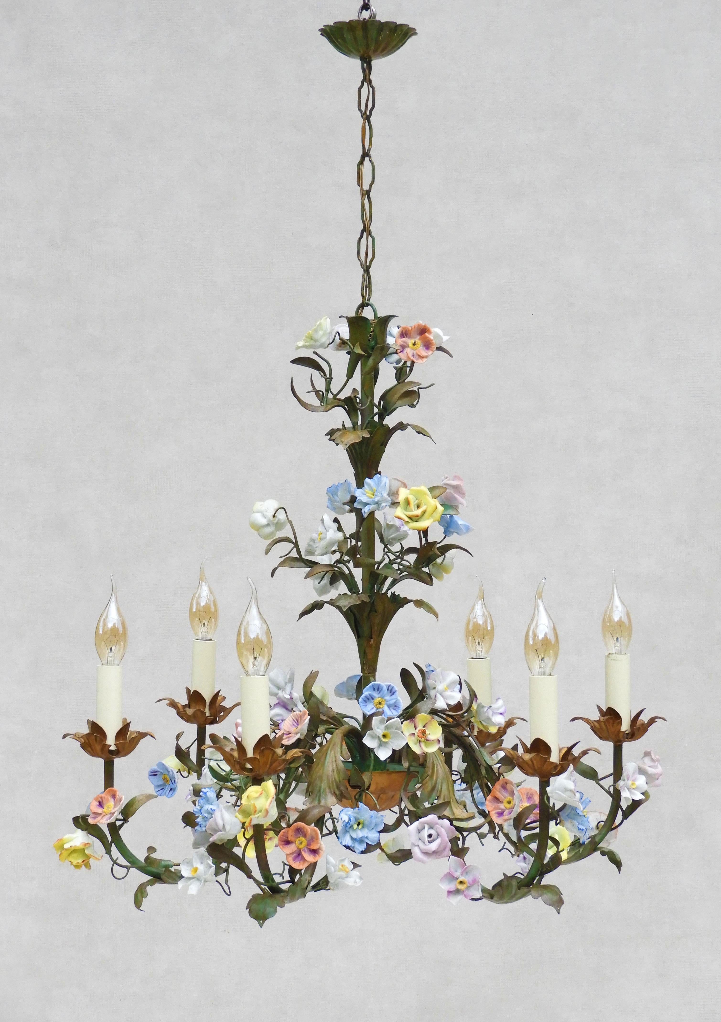 Hand-Crafted French Tôleware Chandelier with Porcelain Flower Pampilles c1950s