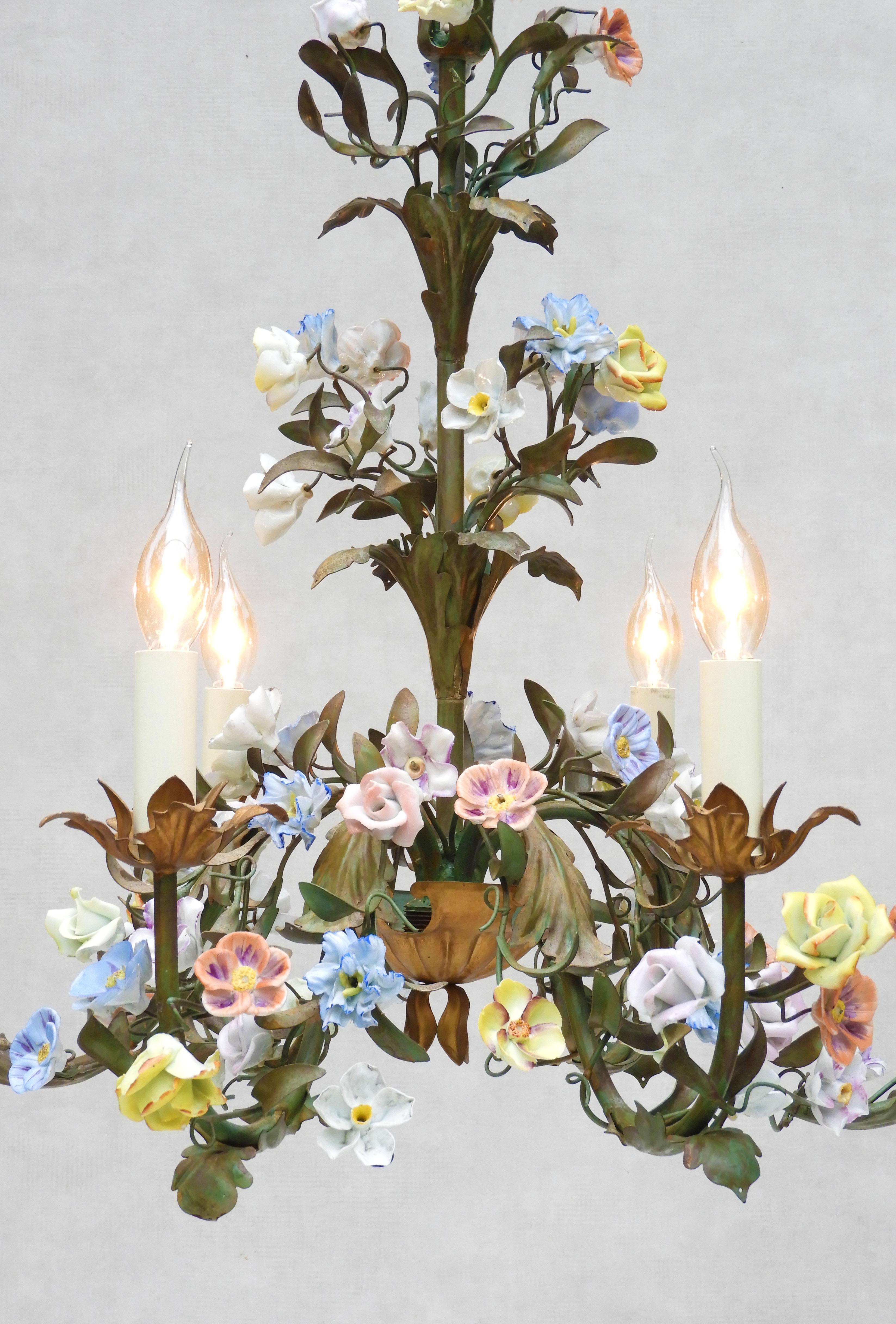 20th Century French Tôleware Chandelier with Porcelain Flower Pampilles c1950s