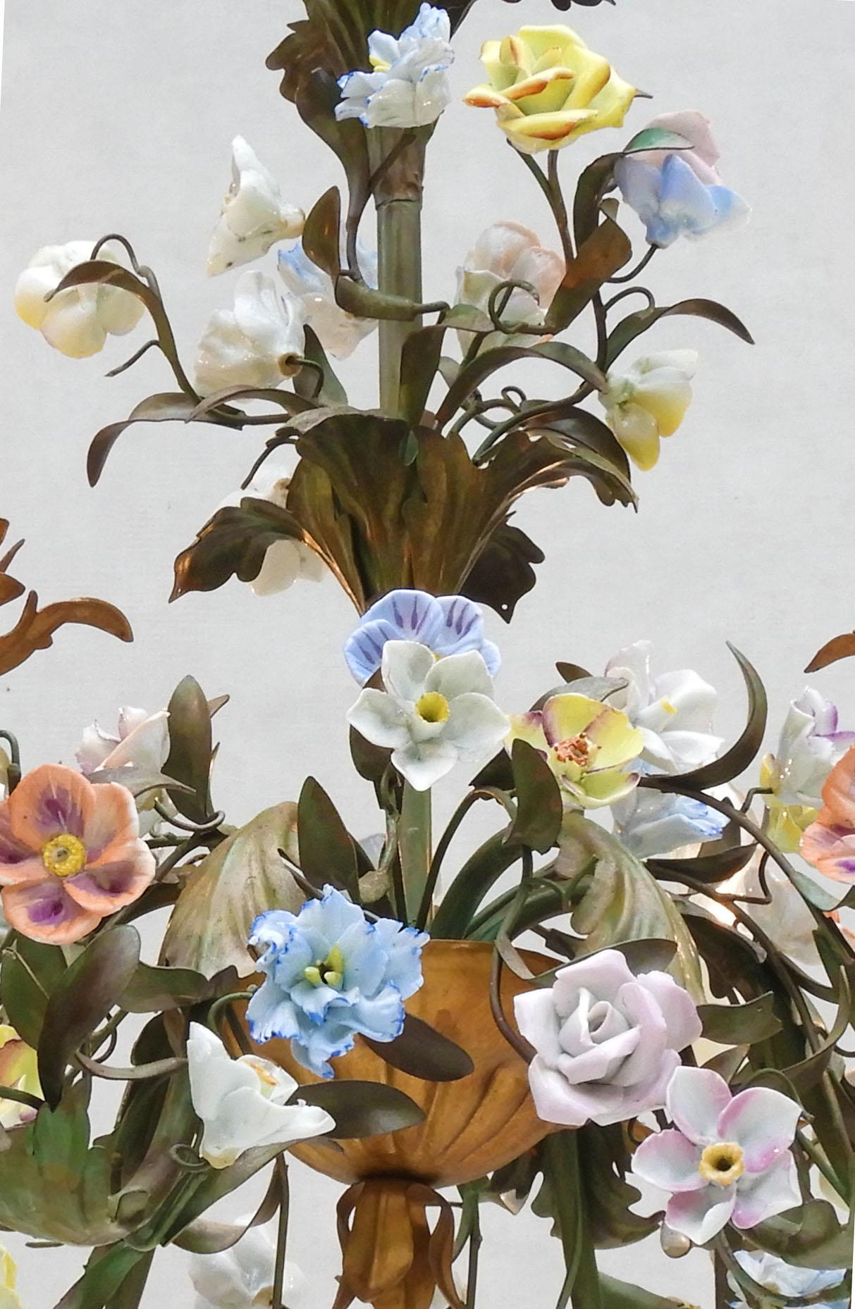 French Tôleware Chandelier with Porcelain Flower Pampilles c1950s 1
