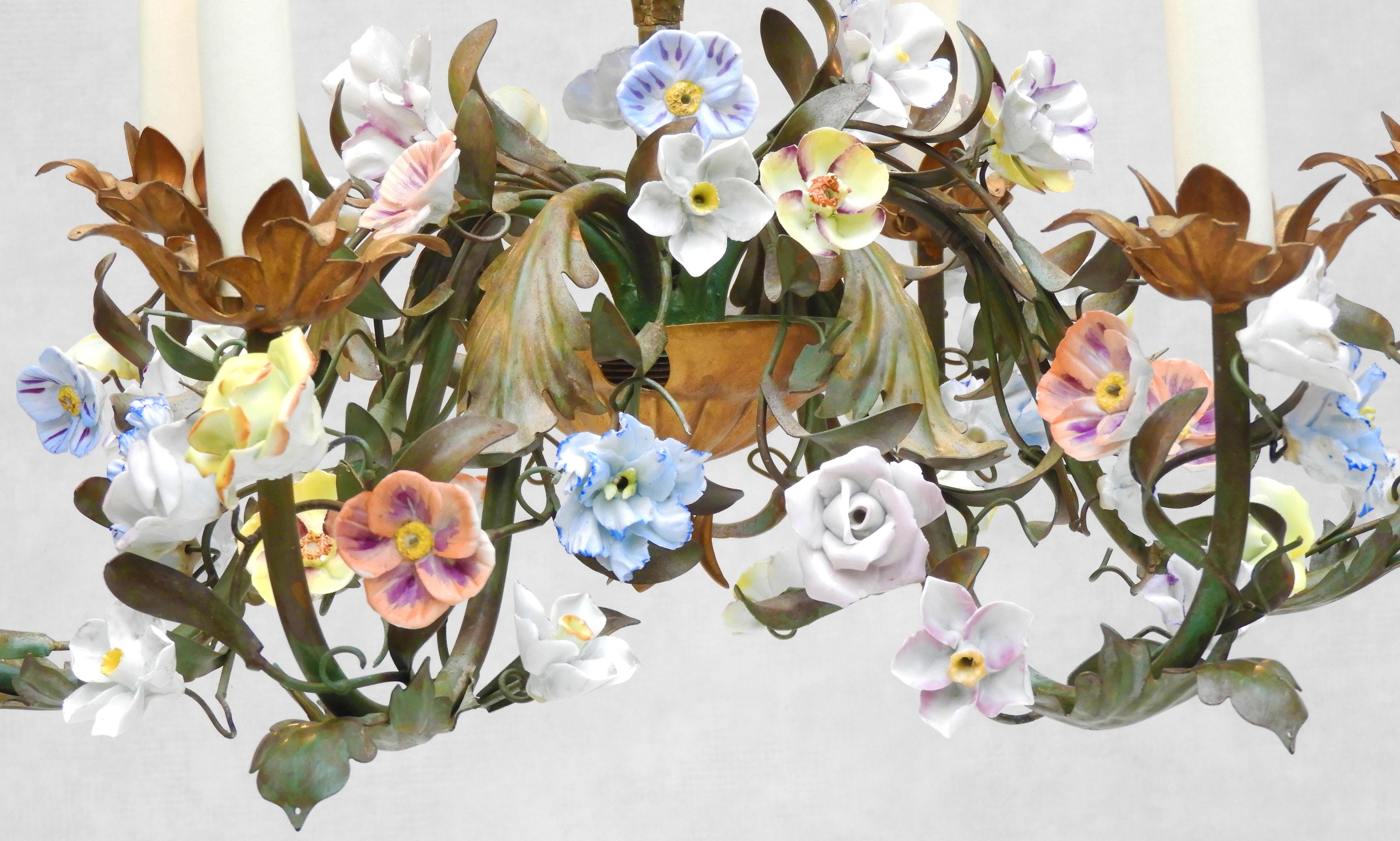 French Tôleware Chandelier with Porcelain Flower Pampilles c1950s 2