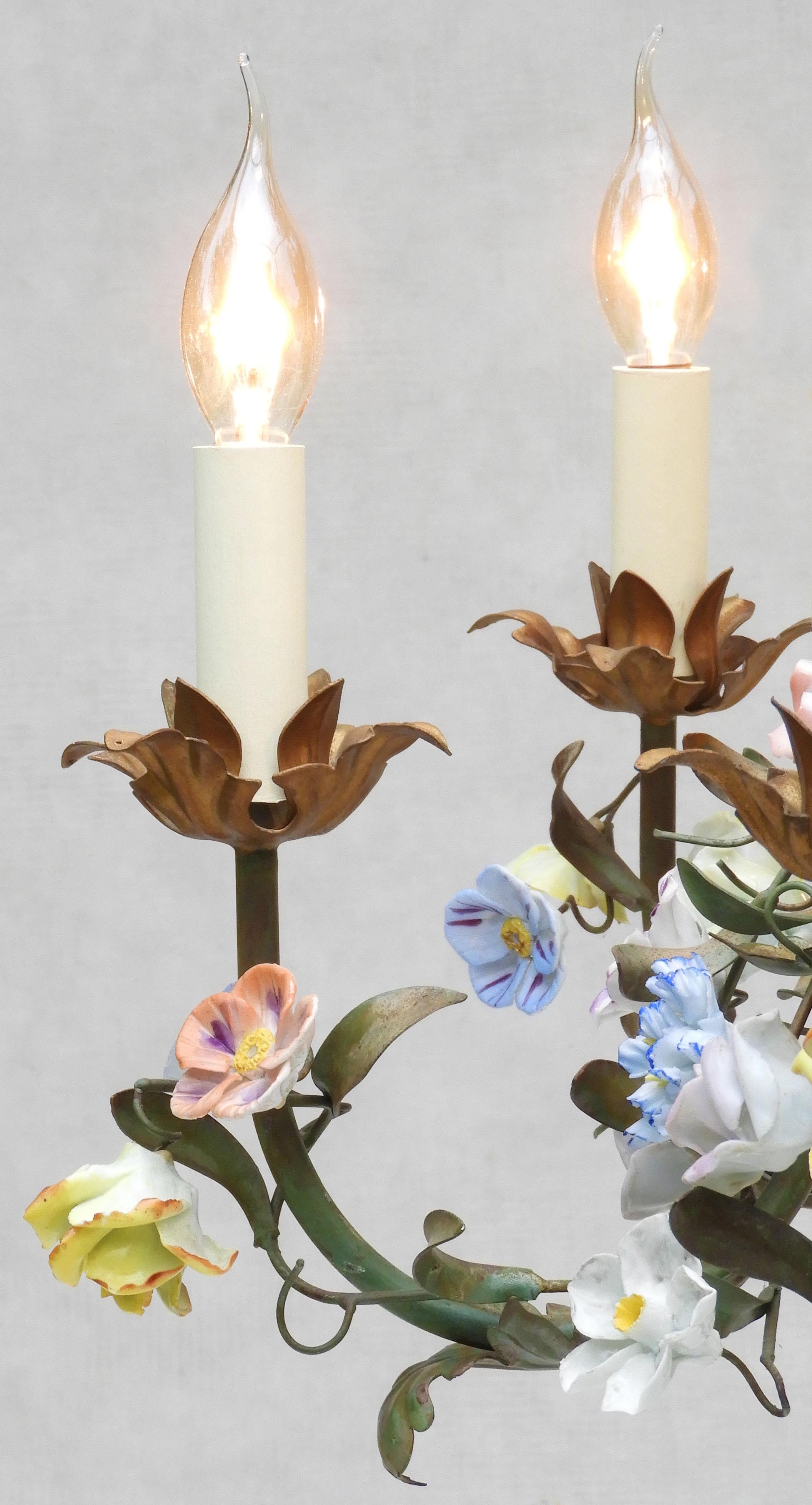 French Tôleware Chandelier with Porcelain Flower Pampilles c1950s 3