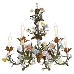 Vintage French Tôleware Chandelier with Porcelain Flower Pampilles c1950s