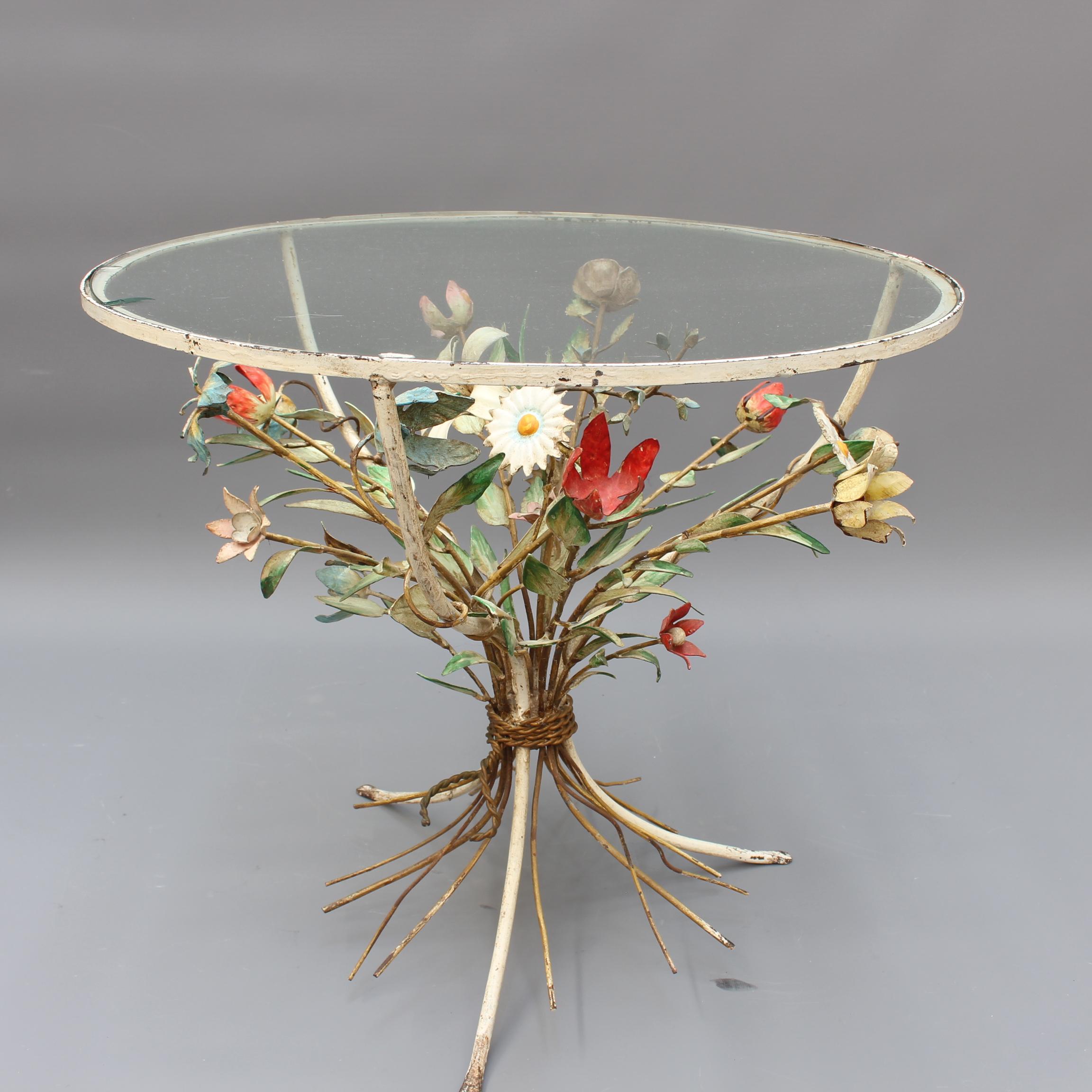 French Tôleware Side Table with Flower Bouquet Motif 'circa 1950s' 1