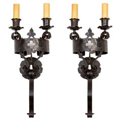 French Torch 2-Light Hand Forged Iron Fleur-de-Lis Sconces 2 pair available