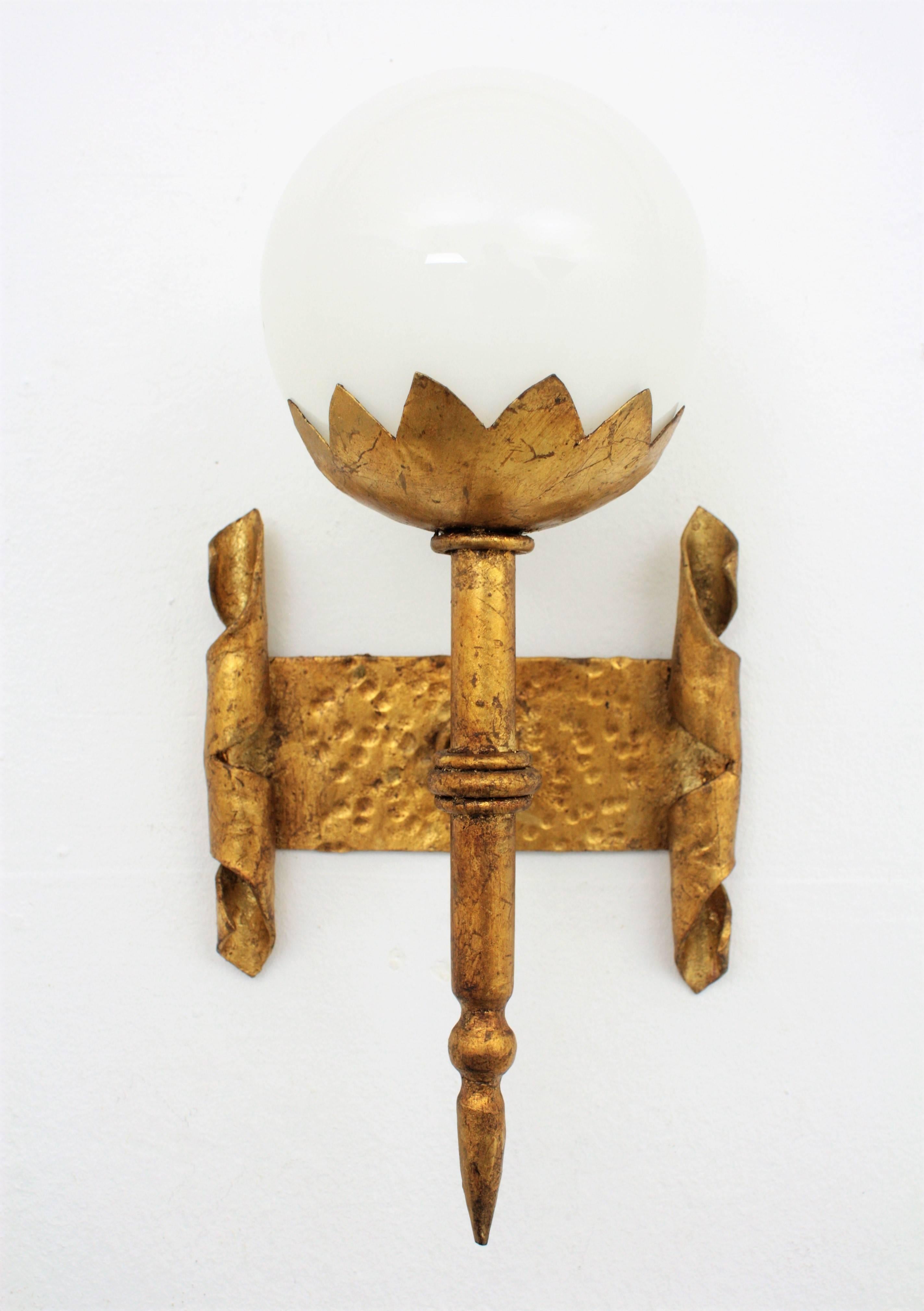 Gothic Revival French Torch Globe Wall Lights in Wrought Gilt Iron and Milk Glass, Set of Four