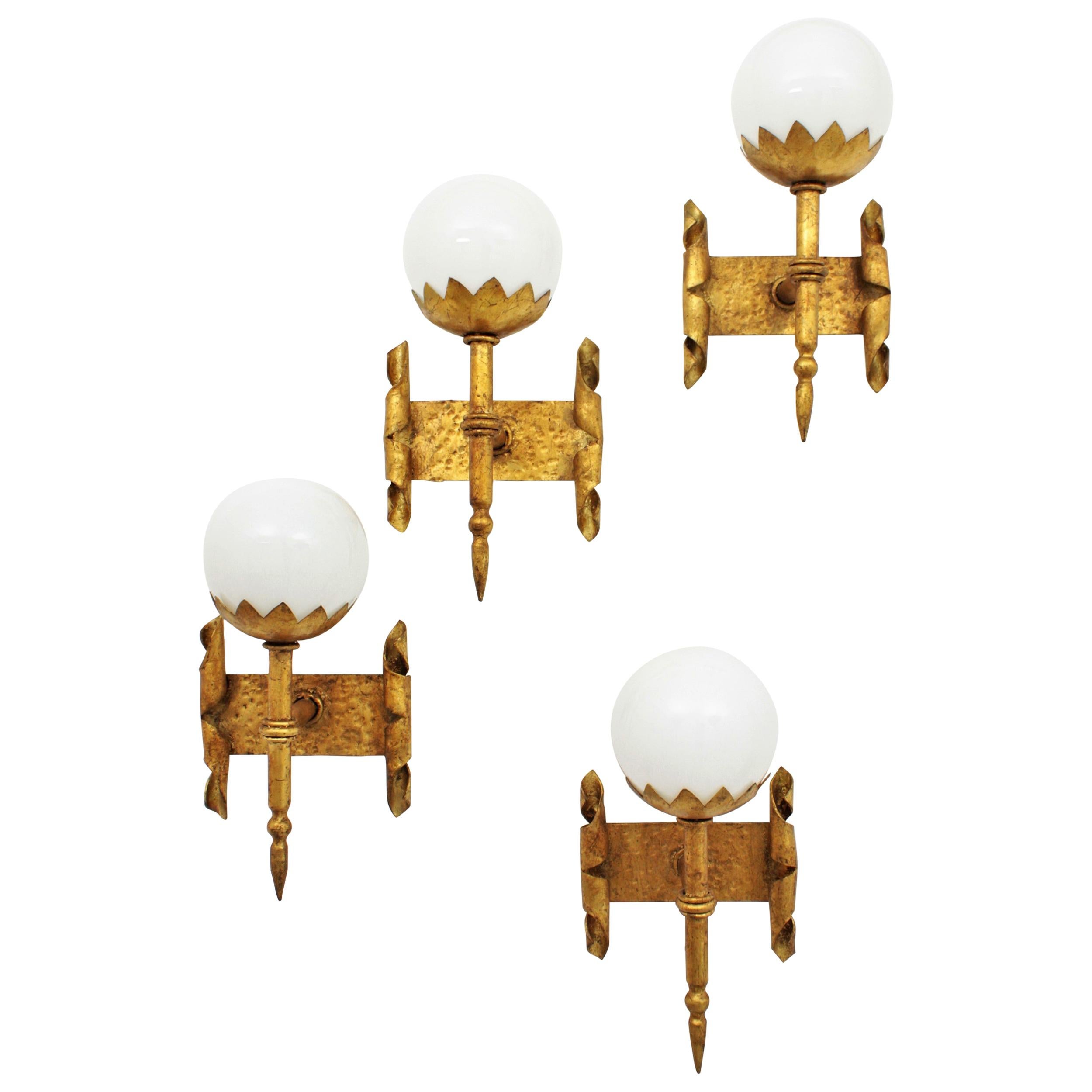 French Torch Globe Wall Lights in Wrought Gilt Iron and Milk Glass, Set of Four