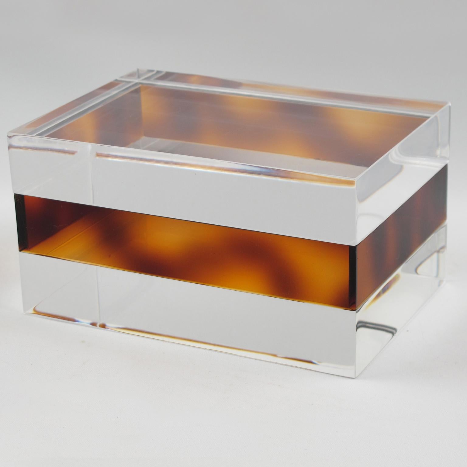 Mid-Century Modern French Tortoise and Transparent Lucite Acrylic Box, 1970s