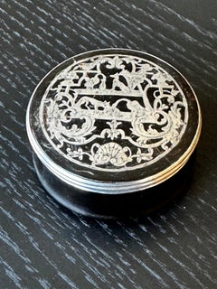 French Tortoise Shell Circular Box With Inlaid Silver Top Depicting Fox & Stork