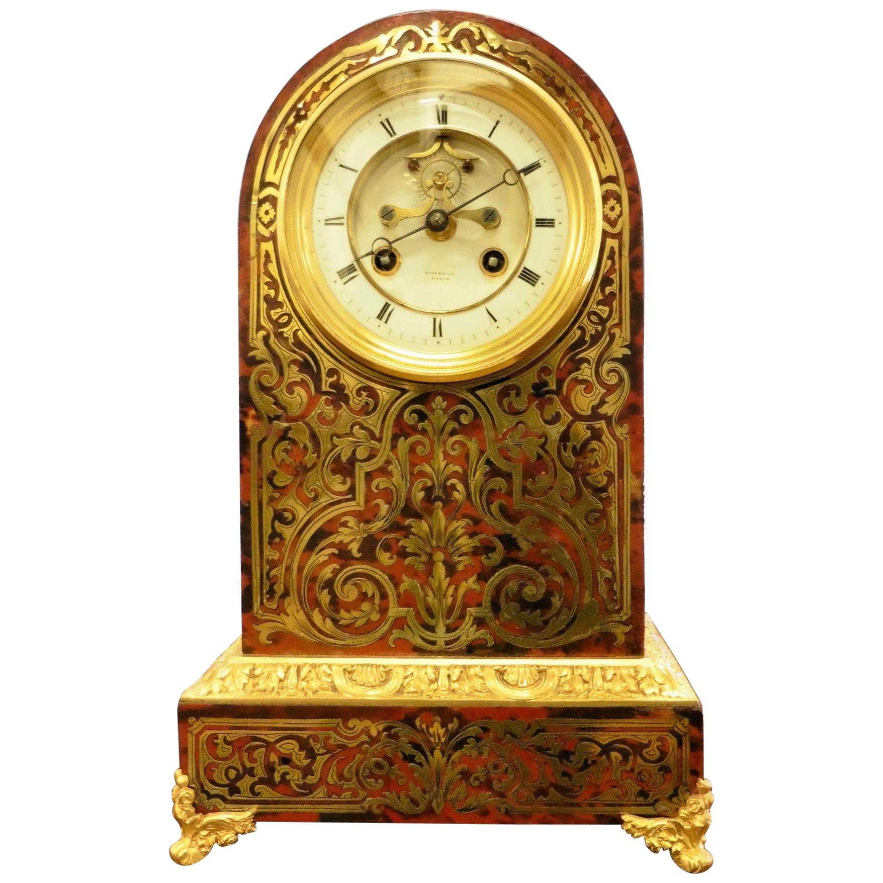 French Tortoiseshell Boulle Mantel Clock by Roskell, Paris
