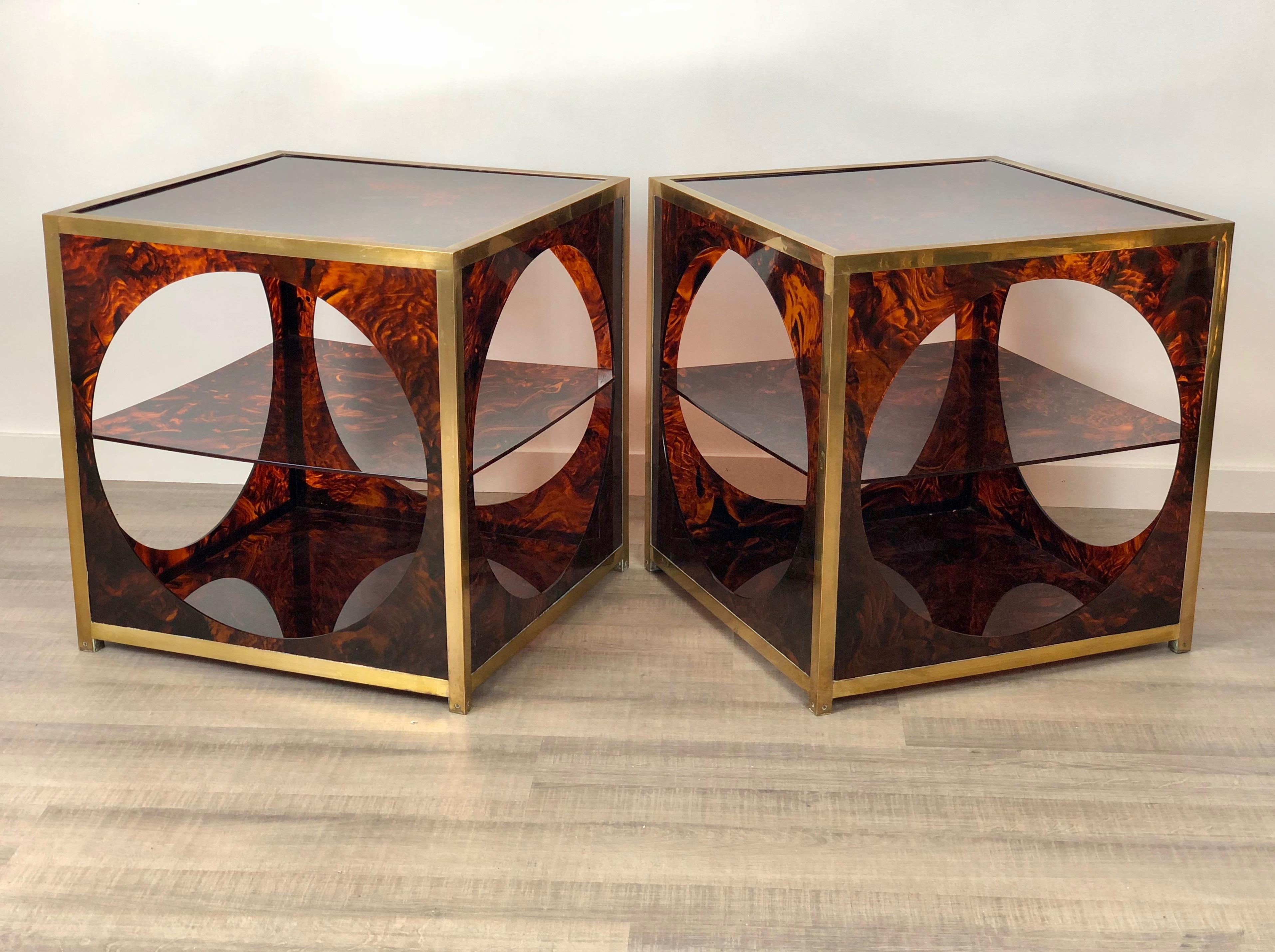 Mid-Century Modern French Tortoiseshell Brass Coffee Side Tables in Christian Dior Style, 1970s