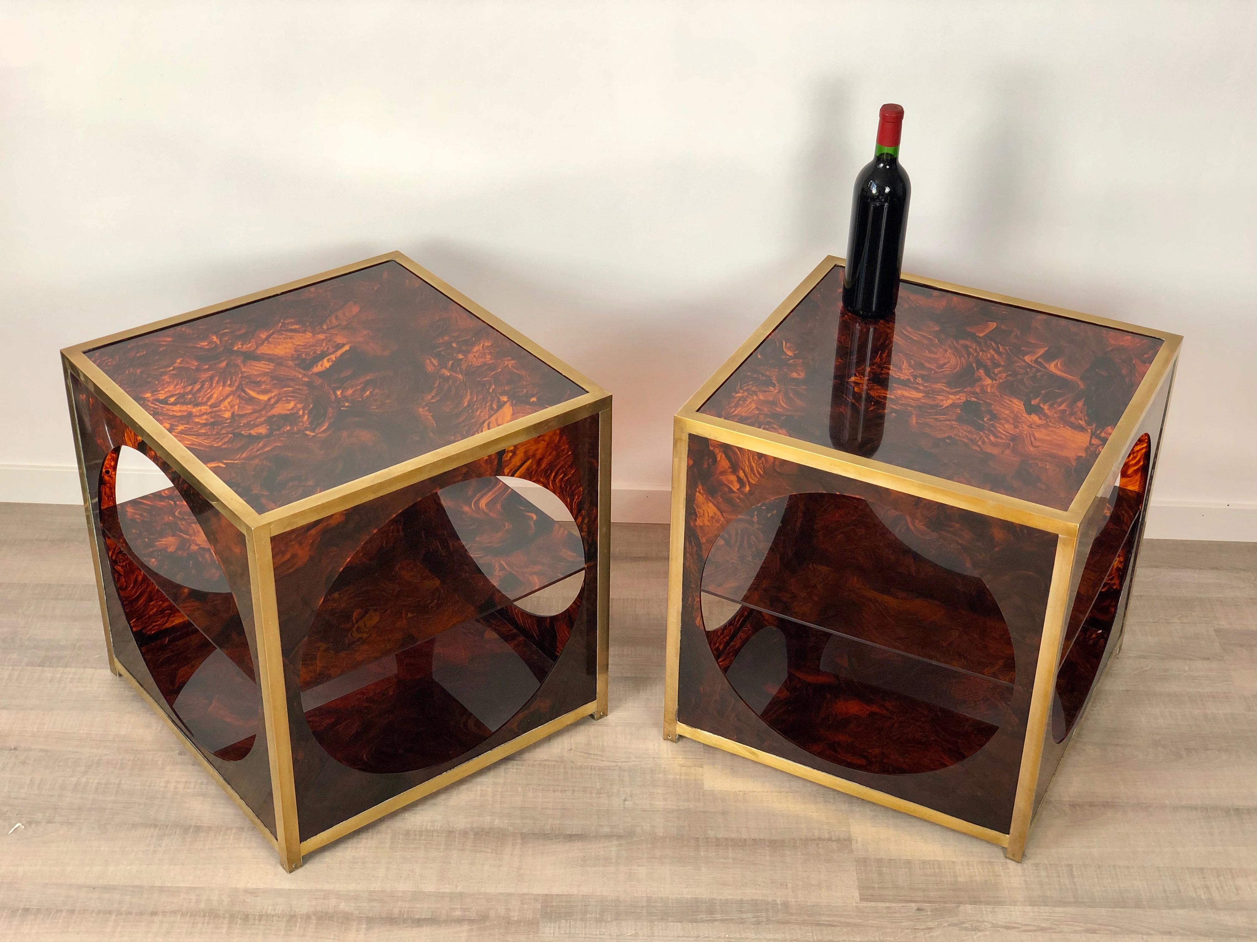 French Tortoiseshell Brass Coffee Side Tables in Christian Dior Style, 1970s In Good Condition In Rome, IT