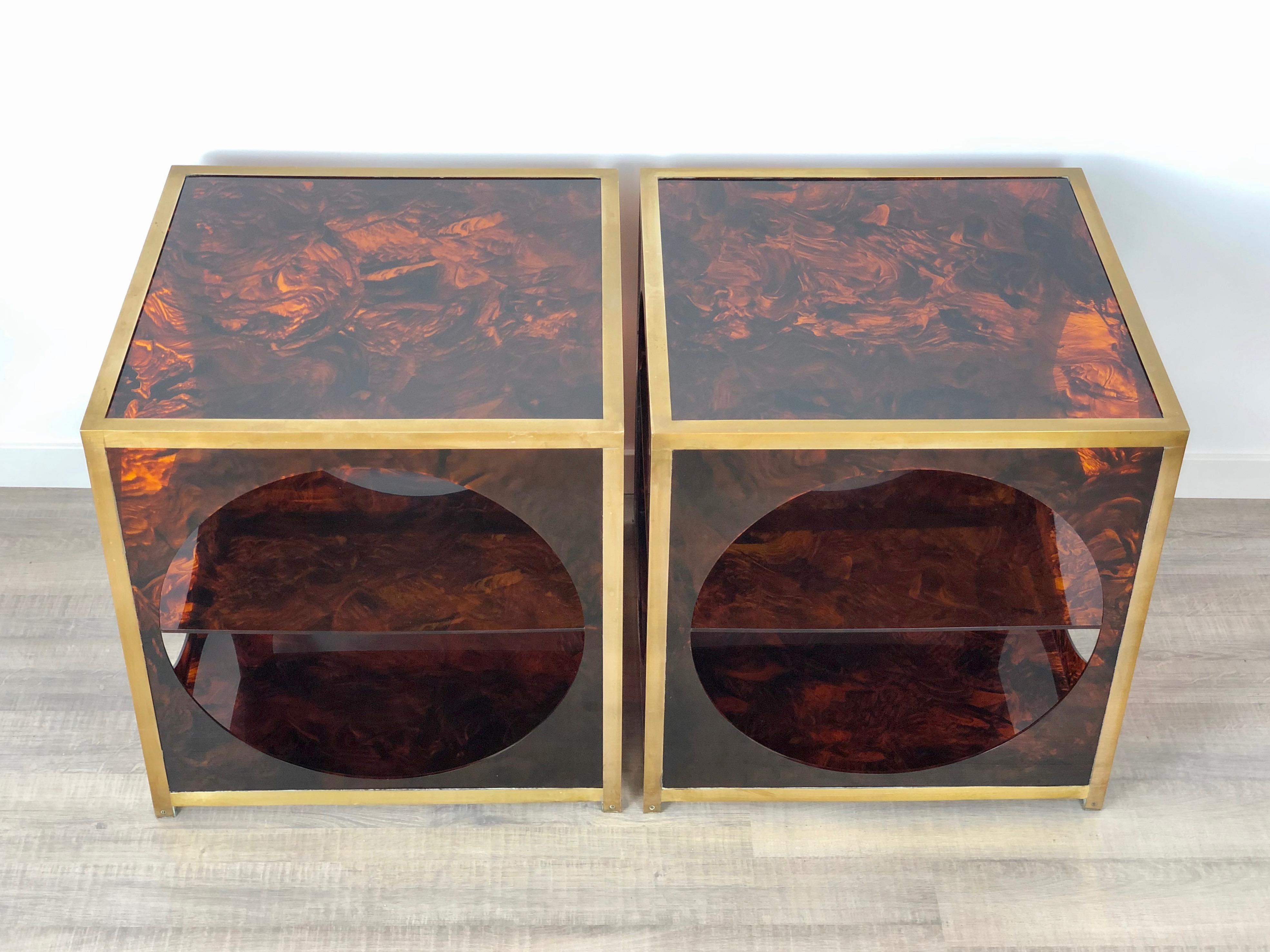 Lucite French Tortoiseshell Brass Coffee Side Tables in Christian Dior Style, 1970s