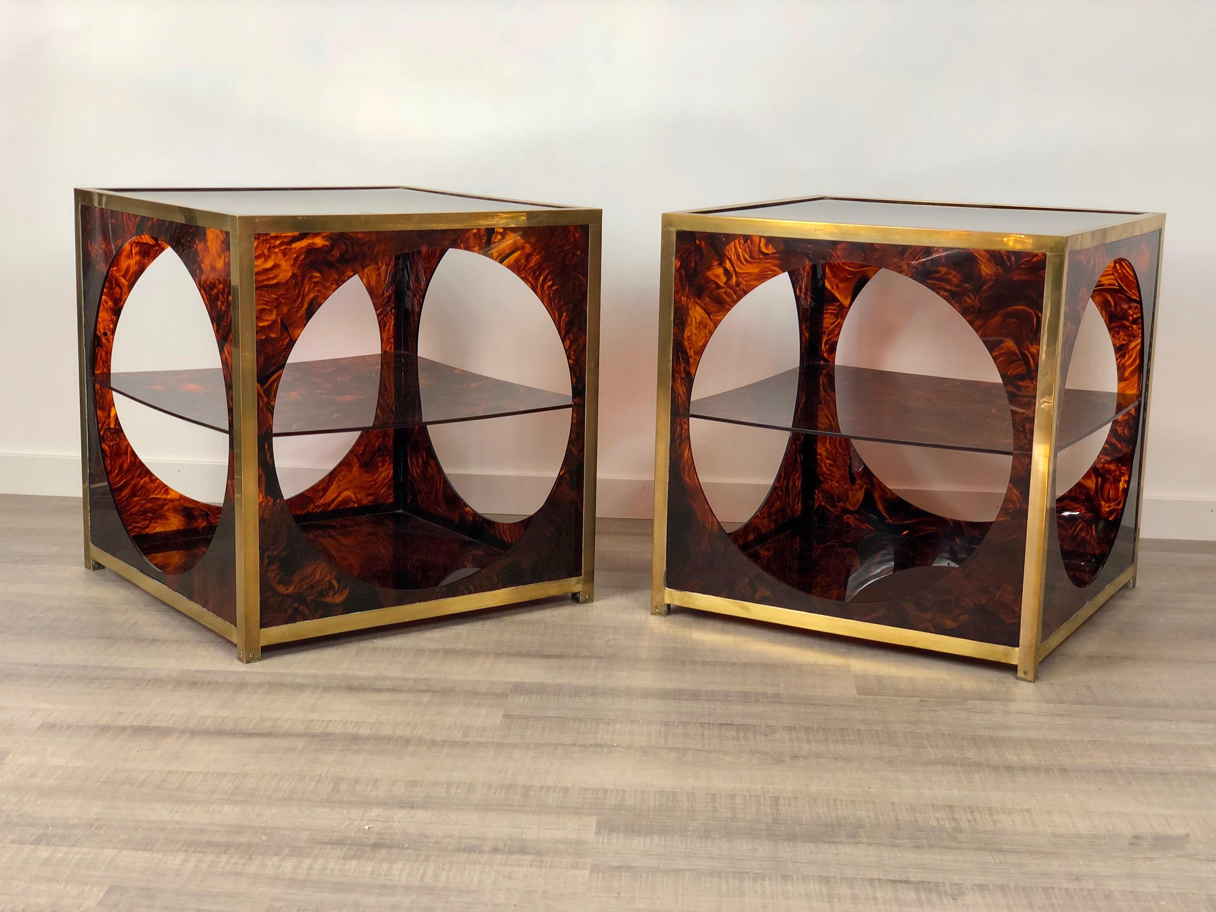 French Tortoiseshell Brass Coffee Side Tables in Christian Dior Style, 1970s 1