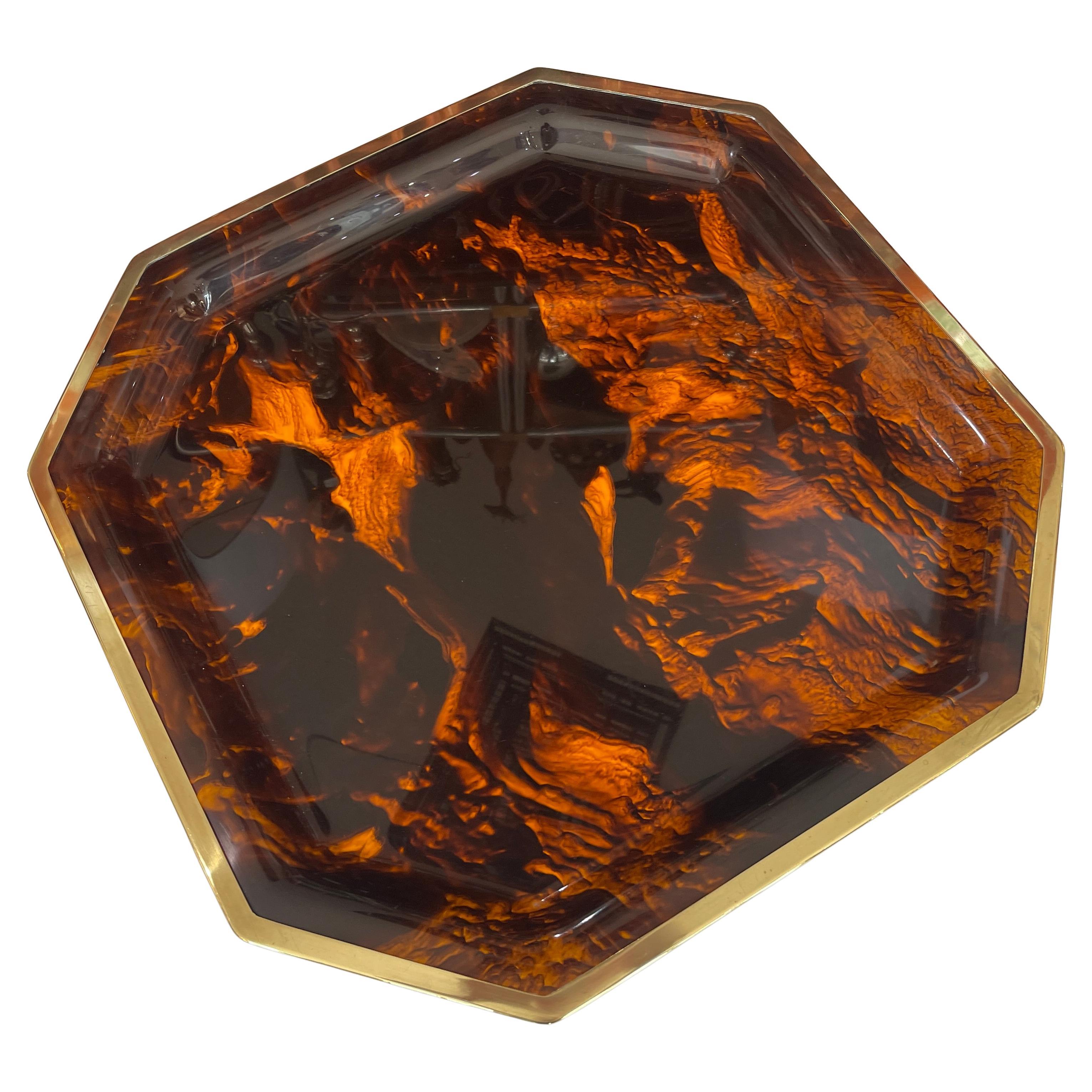 French Tortoiseshell Lucite & Brass Large Octagon Serving Tray, 1970s en venta