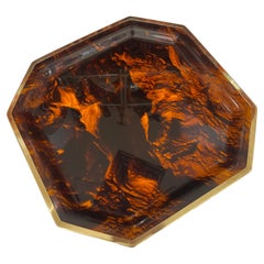 French Tortoiseshell Lucite & Brass Large Octagon Serving Tray, 1970s