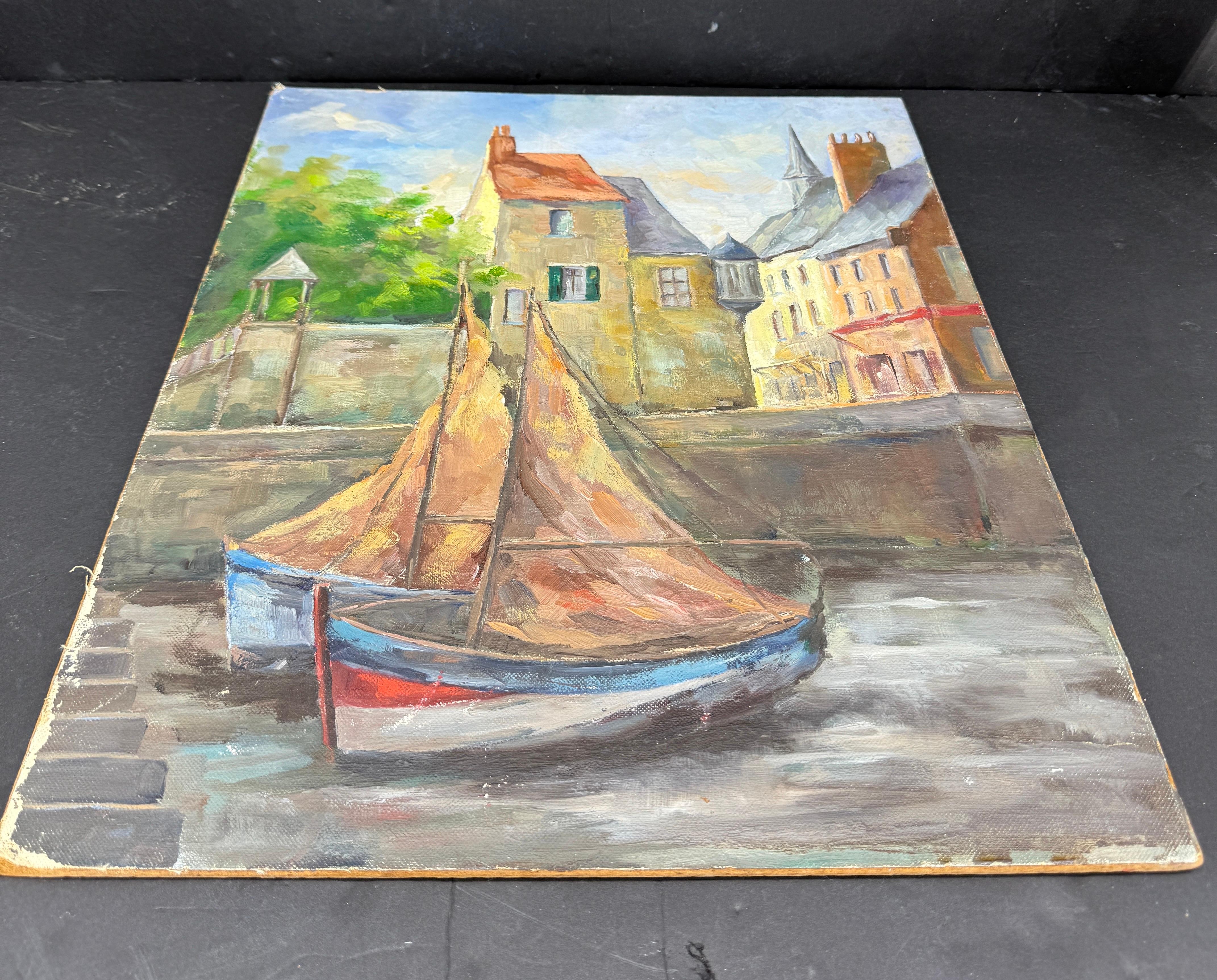 Französische Stadt und Hafen, Ölgemälde auf Karton mit Segelboot, signiert E Perremous, Ölgemälde (Französische Provence) im Angebot