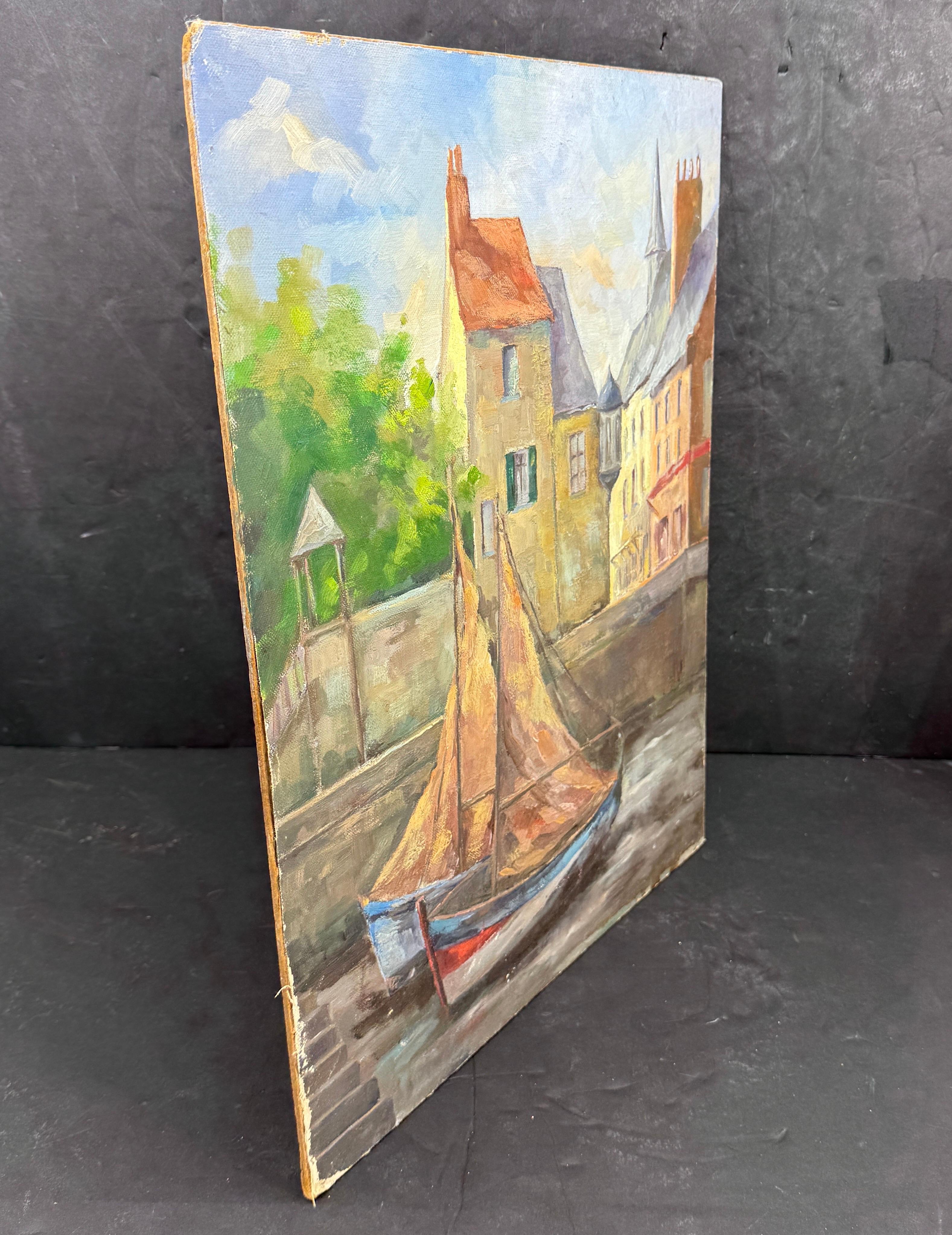 Französische Stadt und Hafen, Ölgemälde auf Karton mit Segelboot, signiert E Perremous, Ölgemälde im Zustand „Gut“ im Angebot in Haddonfield, NJ