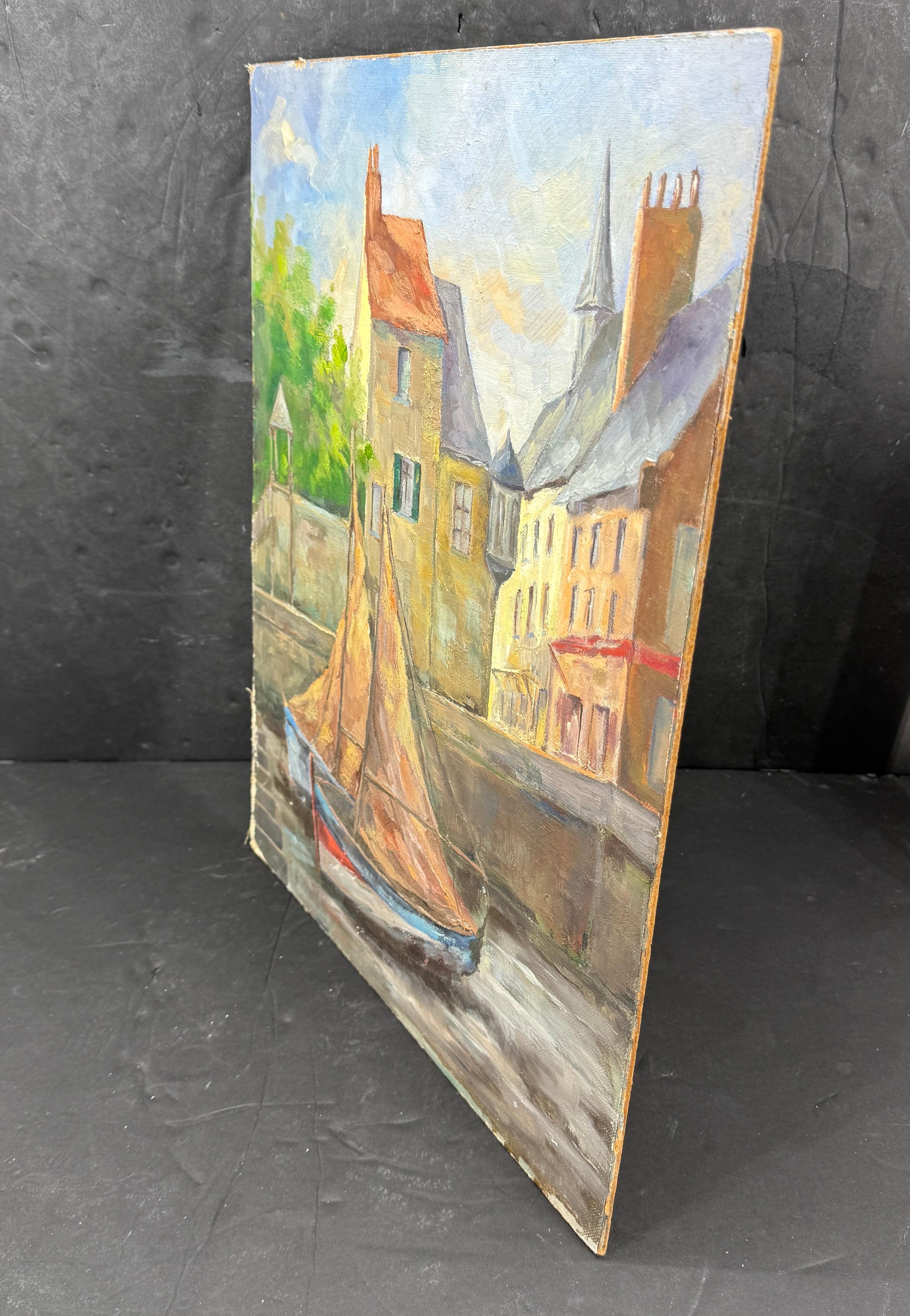 Französische Stadt und Hafen, Ölgemälde auf Karton mit Segelboot, signiert E Perremous, Ölgemälde (Farbe) im Angebot