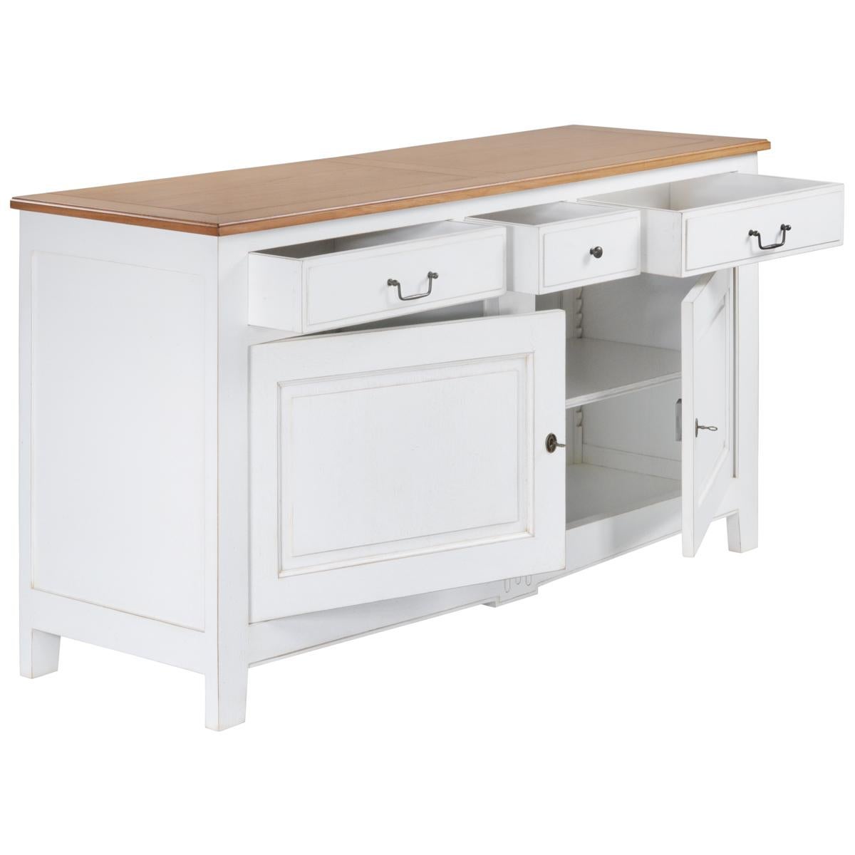 Traditionelles französisches Sideboard mit 2 Türen, handgefertigt, Eiche massiv, weiß lackiert (Lackiert) im Angebot