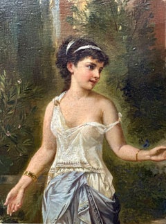 Huile sur toile traditionnelle française représentant une femme dans une cour, 1884