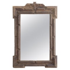 French Tramp Art 1900s Hand Carved Crested Mirror with Raised Cross Motif