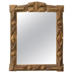 French Tramp Art 1900s Hand Carved Crested Mirror with Raised Pyramidal Motifs