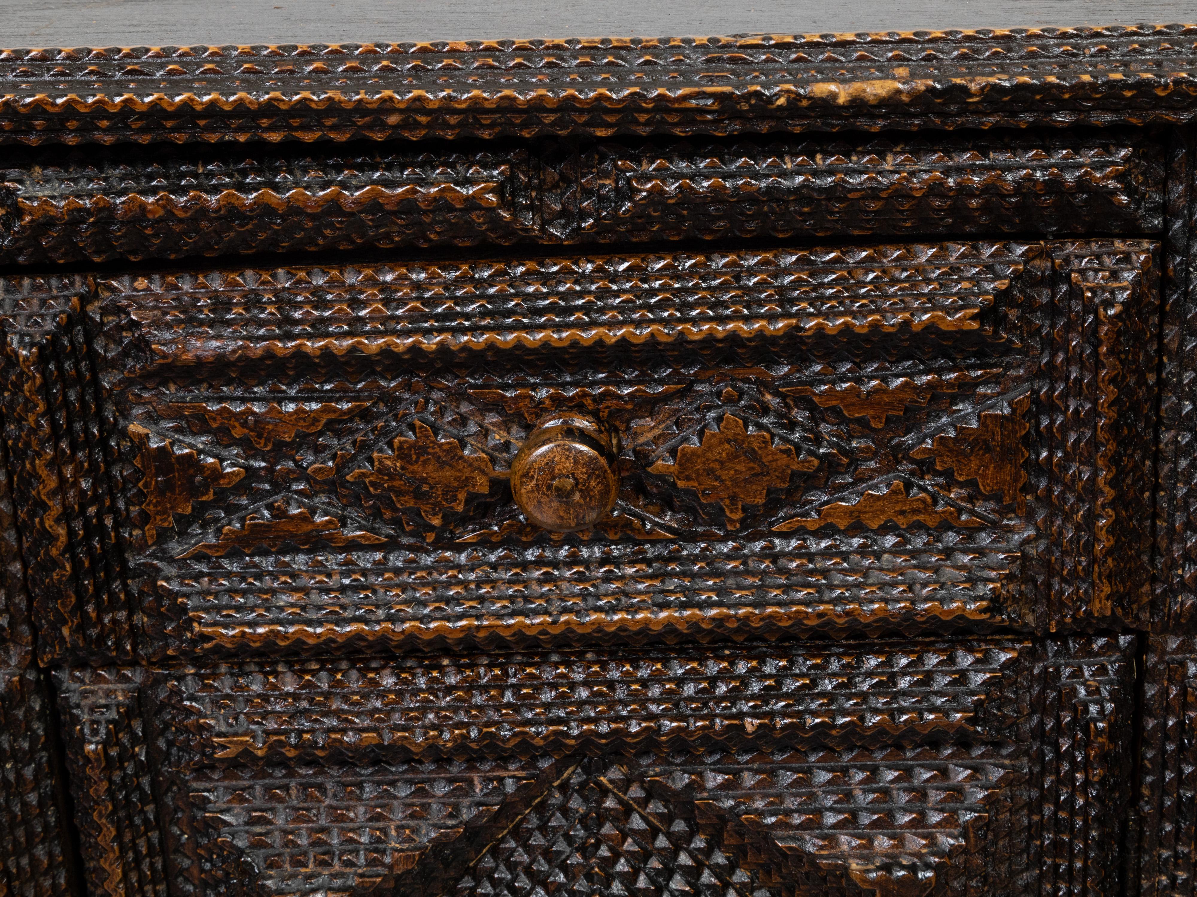 French Tramp Art 1900s Small Cabinet with Hand-Carved Geometric Raised Motifs 6