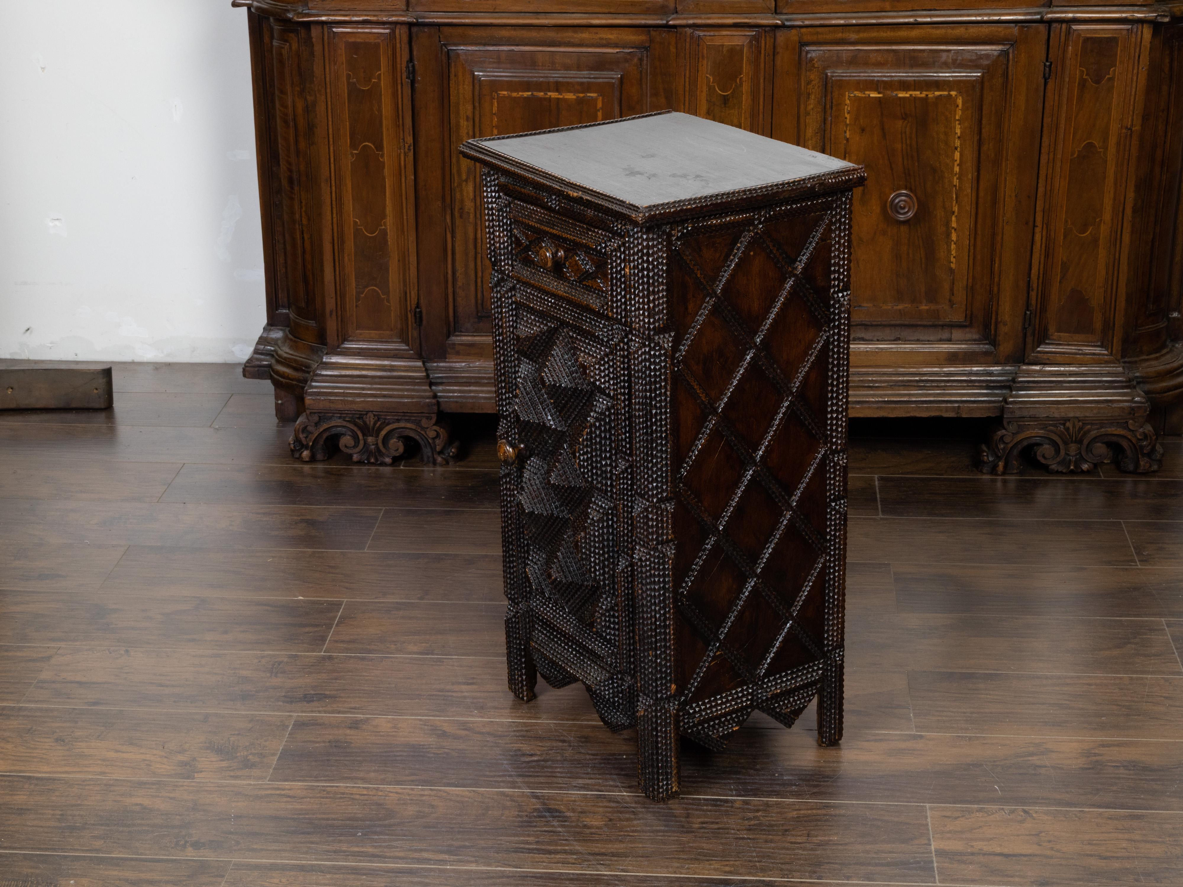 Folk Art French Tramp Art 1900s Small Cabinet with Hand-Carved Geometric Raised Motifs