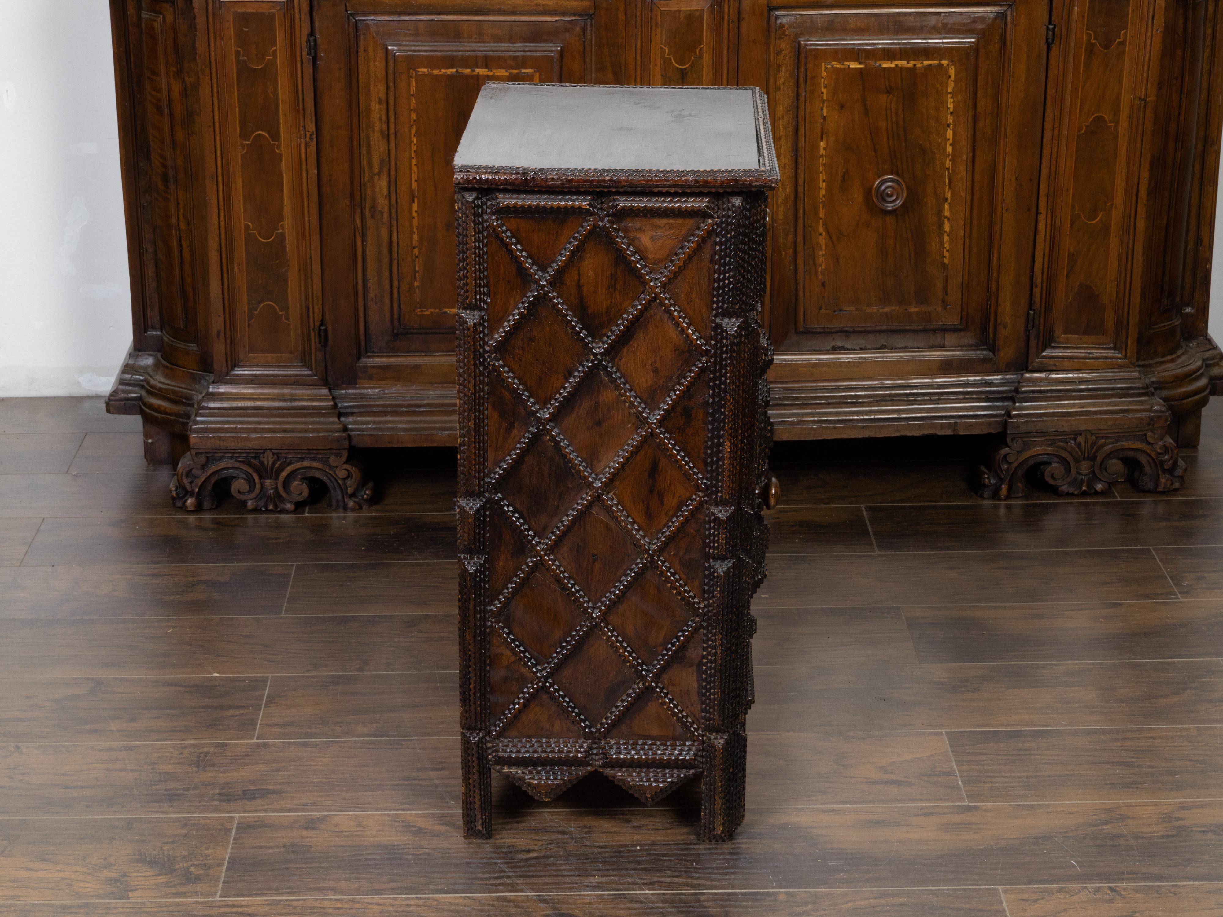 20th Century French Tramp Art 1900s Small Cabinet with Hand-Carved Geometric Raised Motifs