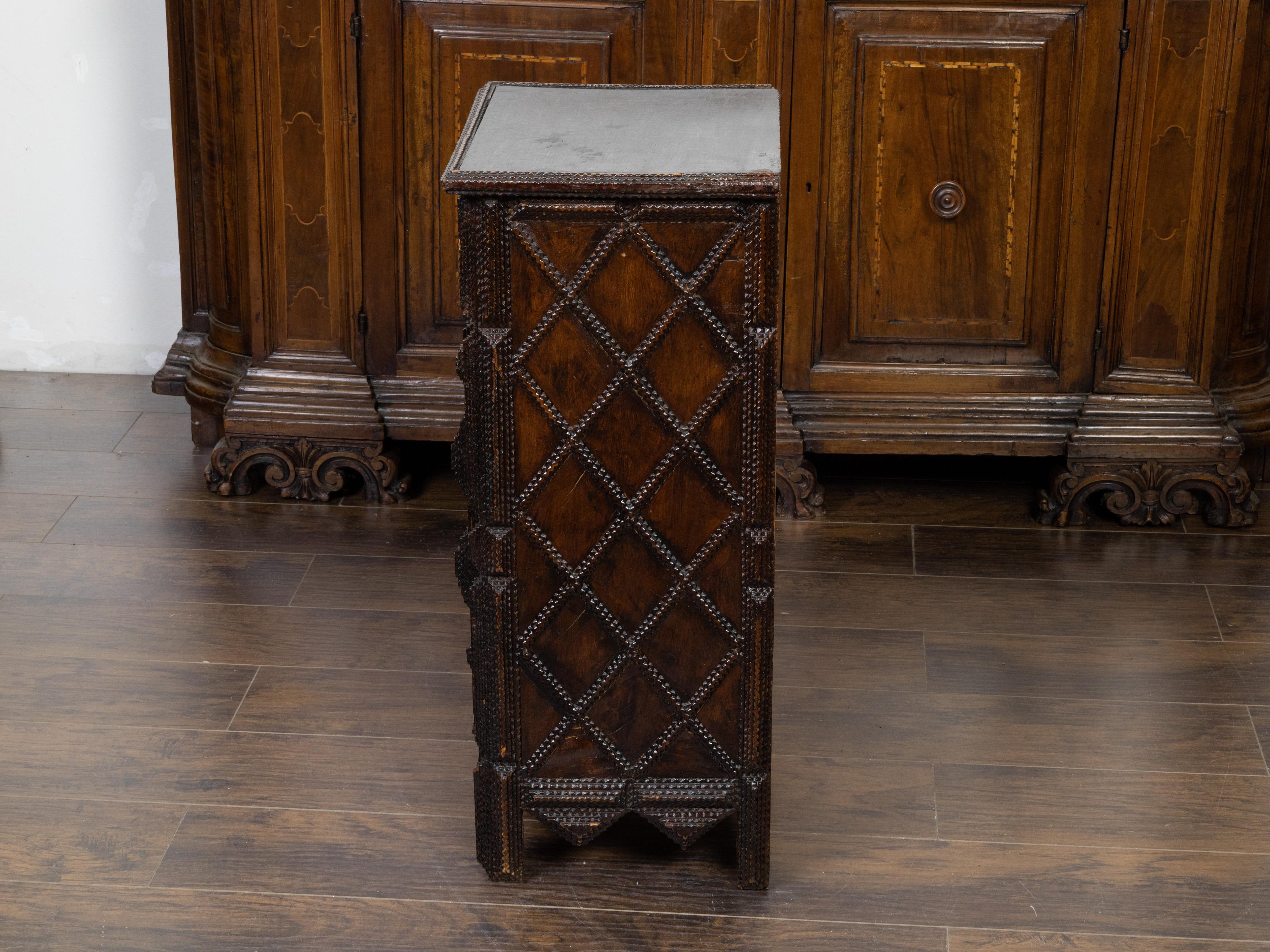 French Tramp Art 1900s Small Cabinet with Hand-Carved Geometric Raised Motifs 1